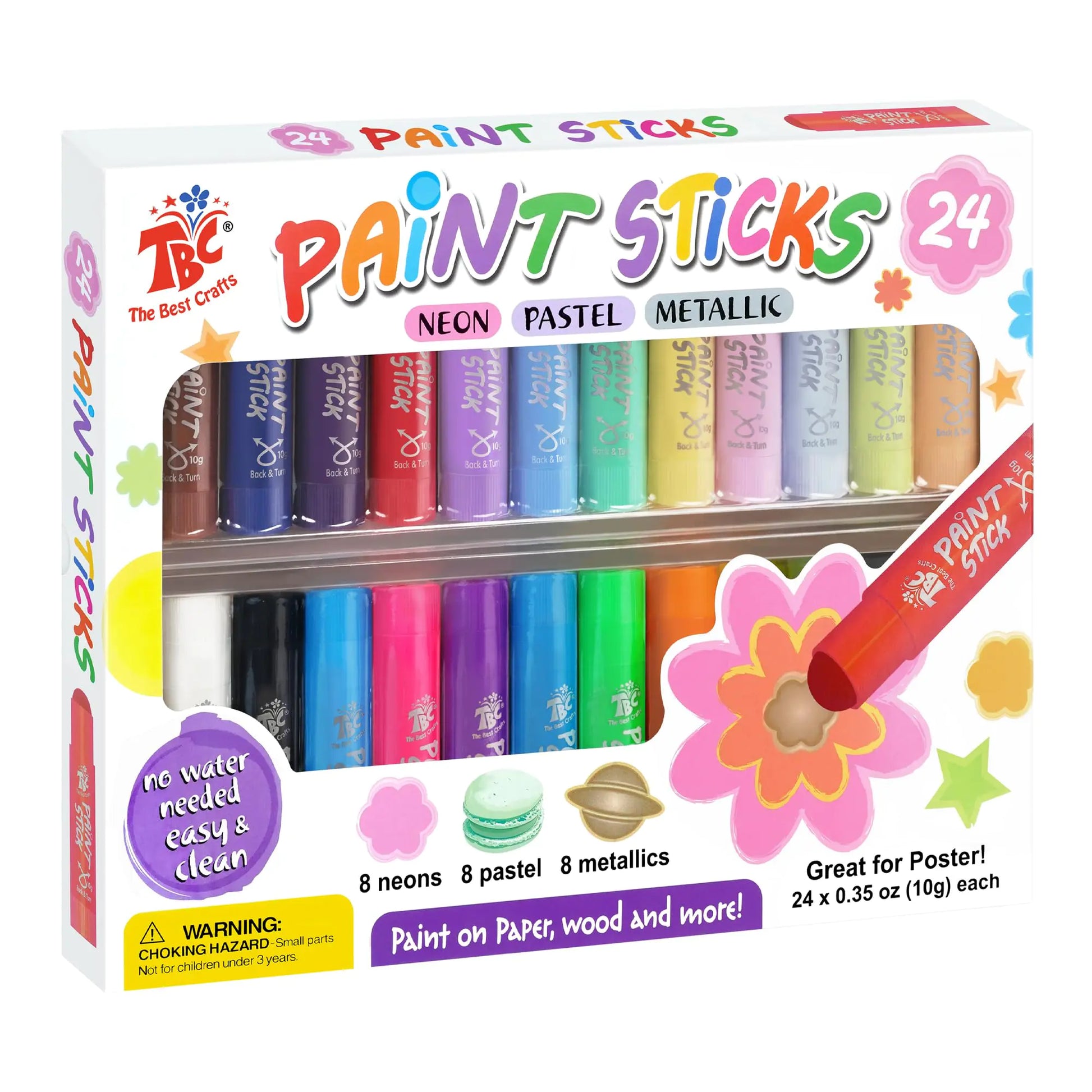 TBC The Best Crafts Paint Sticks 24 Colors Mixed pack Washable Paint Non-toxic Tempera Paint Sticks for Kids and Students