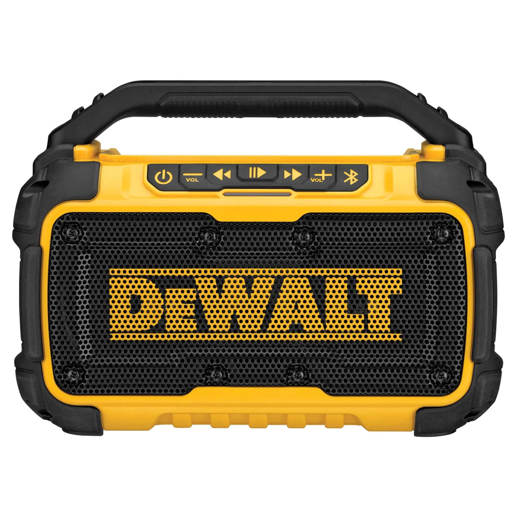 DEWALT 20V MAX Bluetooth Speaker 100 ft Range Durable for Jobsites Phone Holder Included Lasts 8-10 Hours with Single Charge (DCR010)