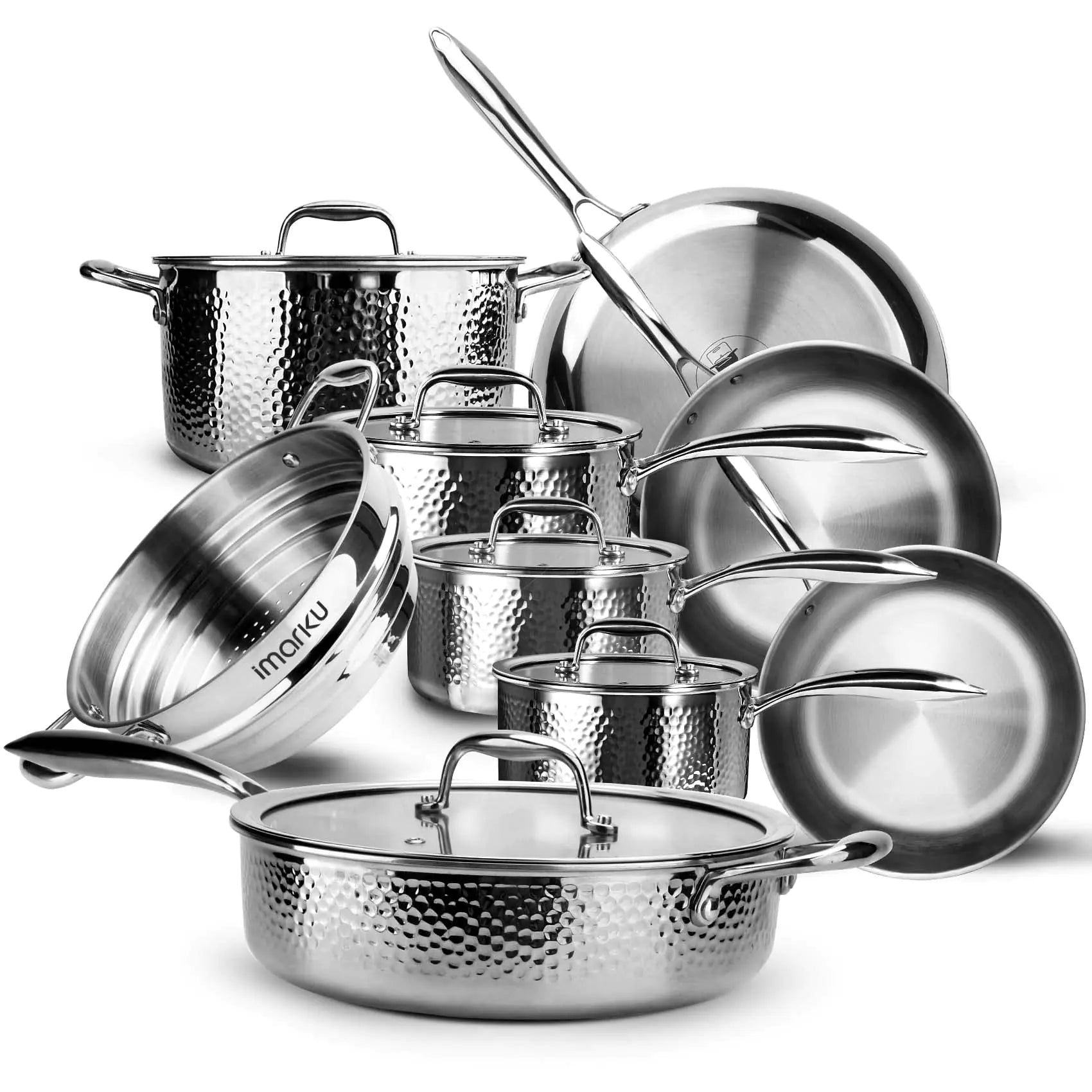imarku Pots and Pans Set 14PCS Kitchen Cookware Sets Tri-Ply Clad Stainless Steel with Hangered Handle and Lids Suits Ceramic and Induction Oven and Dishwasher Safe Best Gifts for Women Men