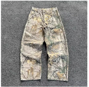 2000s Retro Leaf Print Baggy Jeans – Hip Hop Streetwear Loose Fit