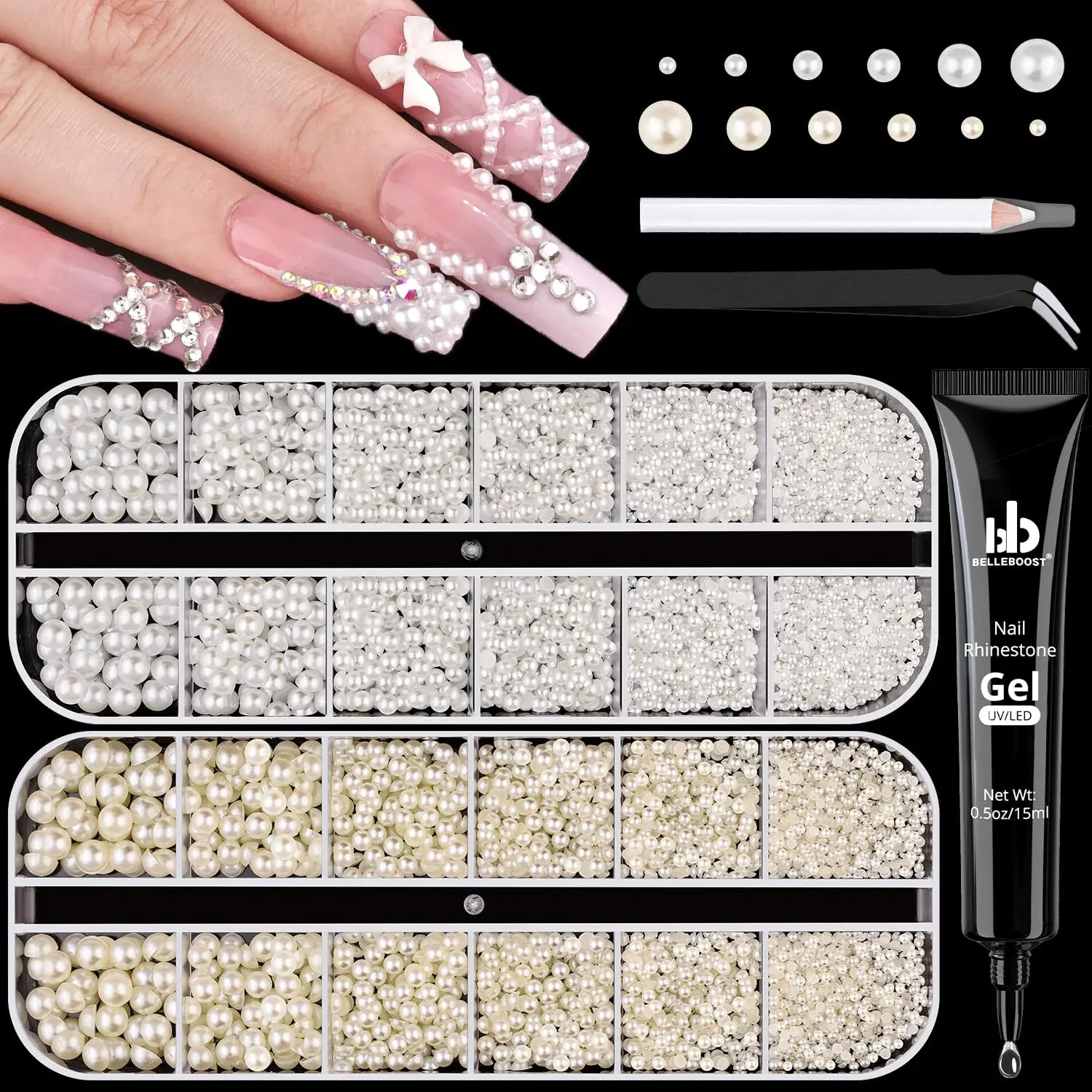 2 Boxes Flatback Pearls (White+Beige) with Rhinestones Glue Gel for Nail Art Half Round Nail Pearls with Pickup Pencil and Tweezers Pearls Nail Charms Accessories Acrylics Manicure Face Hair Decor