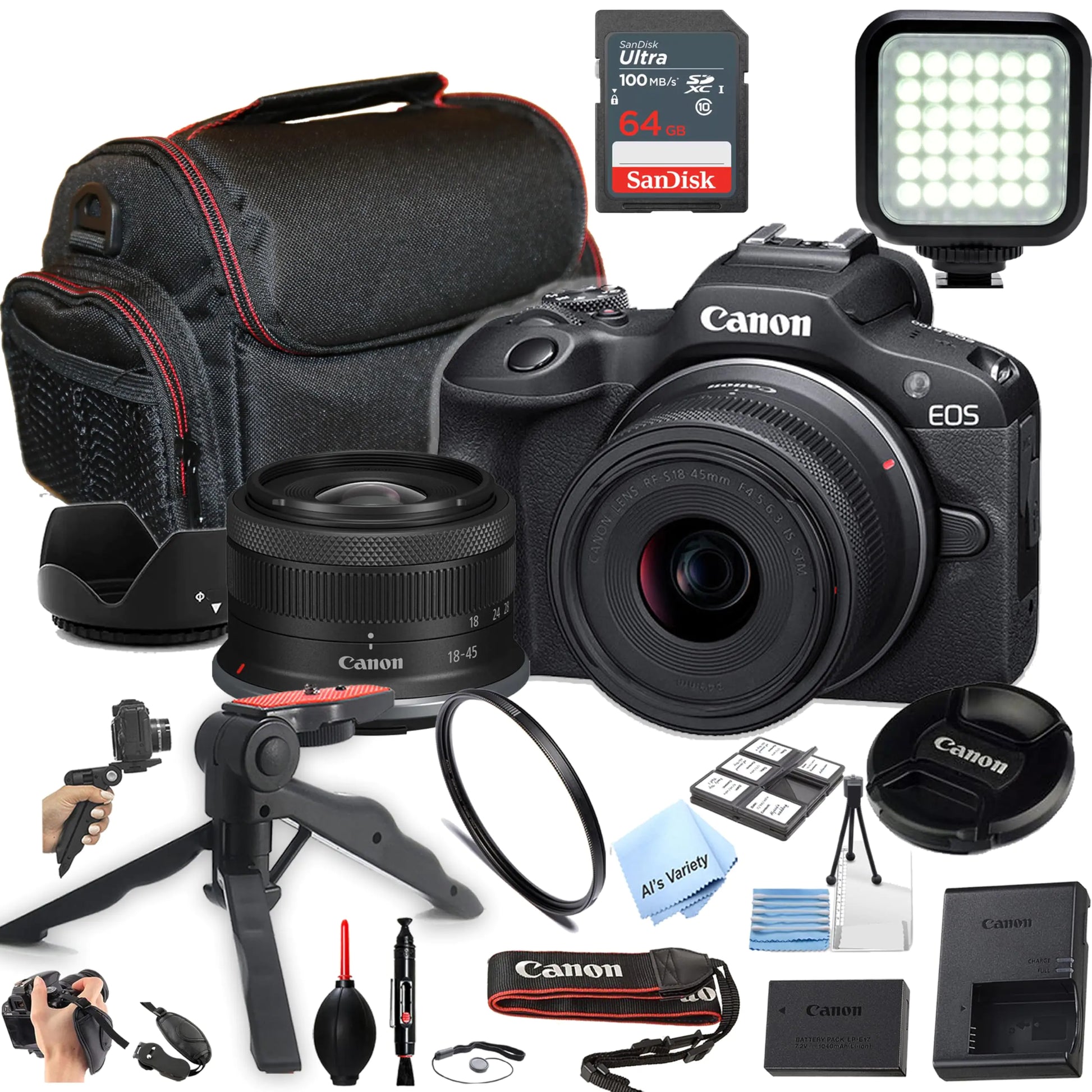 Canon EOS R100 24.2MP APS-C CMOS Sensor Mirrorless Camera with 18-45mm Lens + Case + 64GB Ultra Memory Card + LED Video Light + Filter + More (Essential Bundle) (Renewed) Black