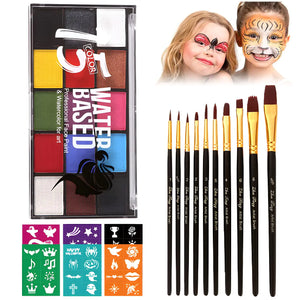 Face Painting Kit for Kids Adults Water Activated Body Face Paint 15 Colors Water Based Facepaints Makeup Palette 12 Pcs Brushes Stencils Non Toxic for Halloween Party Birthday Cosplay