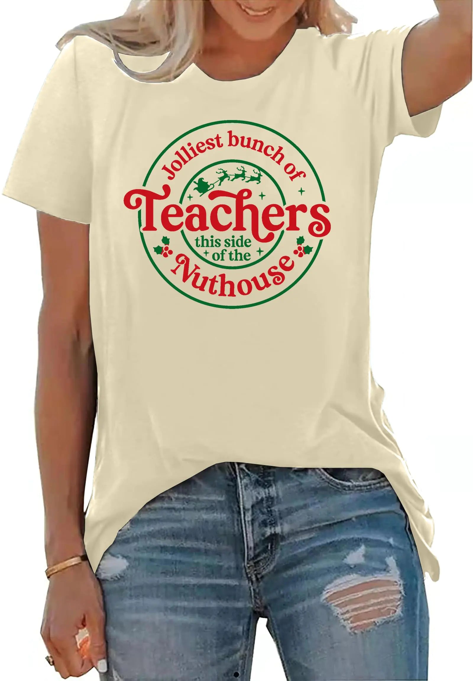 PECHAR Teacher Christmas Shirts Women Jolliest Bunch of Teachers Shirts Xmas Tees Teacher Holiday Tops Apricot