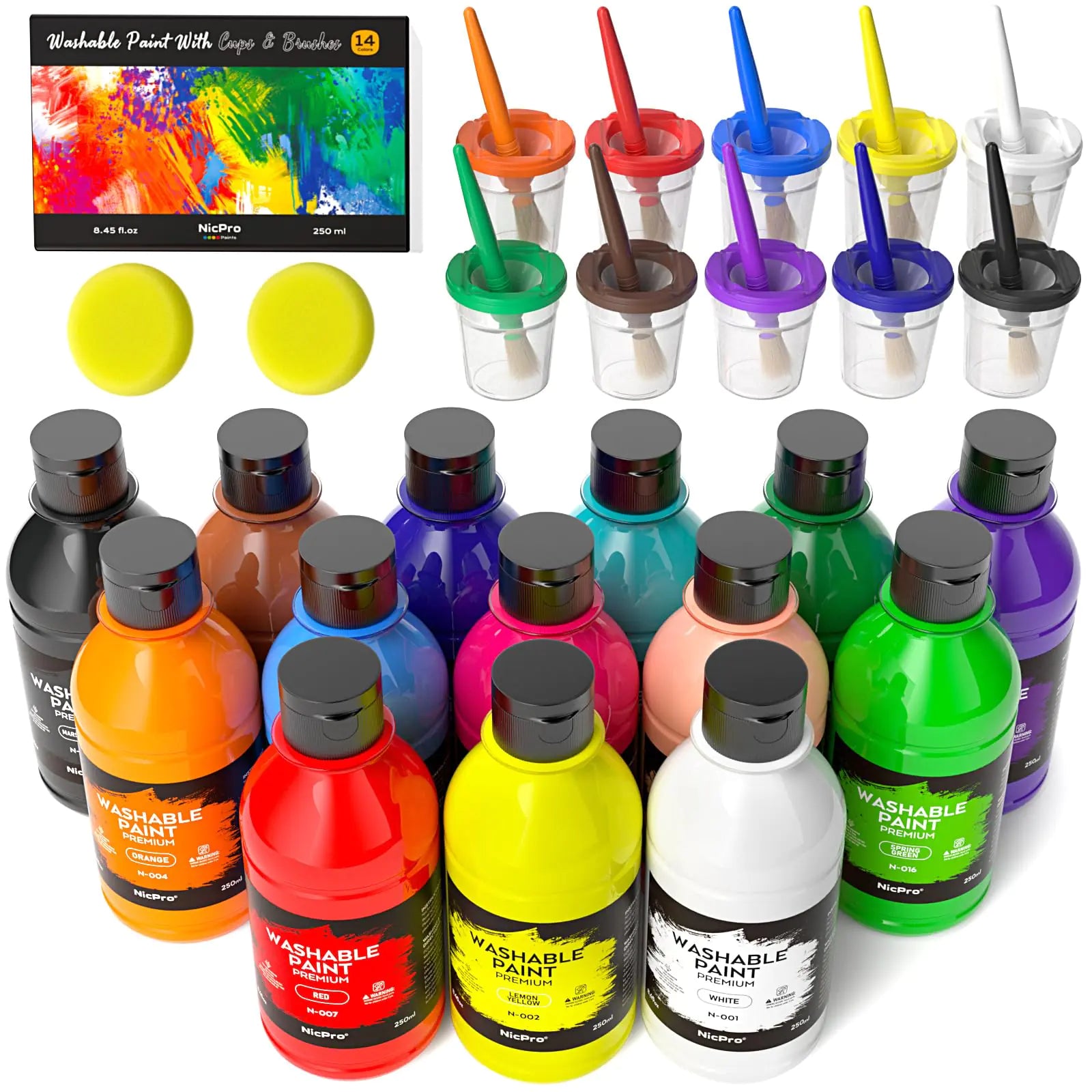 Nicpro 14 Colors Large Washable Paint for Kids 8.4oz/250ml Non Toxic Children Tempera Paint with Paint Brushes Cups and Sponge for School Classroom Craft DIY Children Poster & Finger Paint