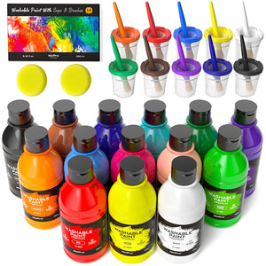 Nicpro 14 Colors Large Washable Paint for Kids 8.4oz/250ml Non Toxic Children Tempera Paint with Paint Brushes Cups and Sponge for School Classroom Craft DIY Children Poster & Finger Paint
