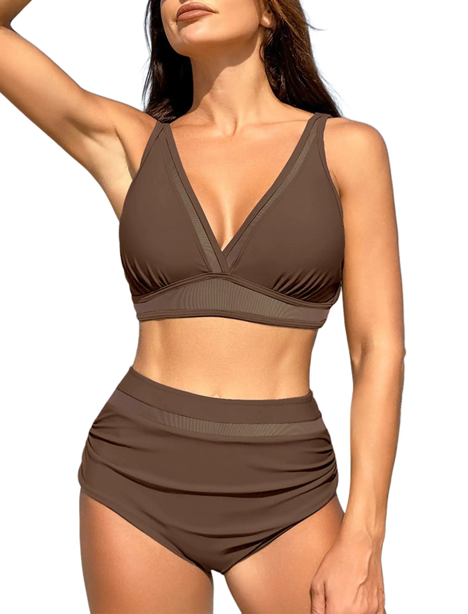 ZAFUL Womens High Waisted Bikini Scoop Neck Swimsuit Two Pieces Bathing Suit Brown XL