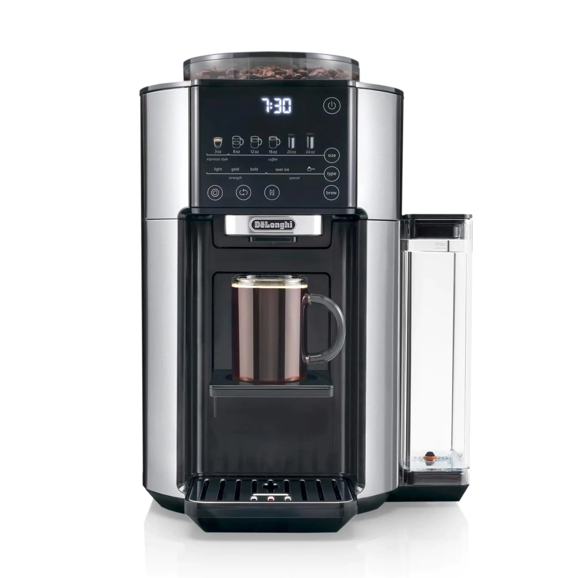 DeLonghi TrueBrew Drip Coffee Maker Built in Grinder Single Serve 8 oz to 24 oz Hot or Iced Coffee Stainless CAM51025MB