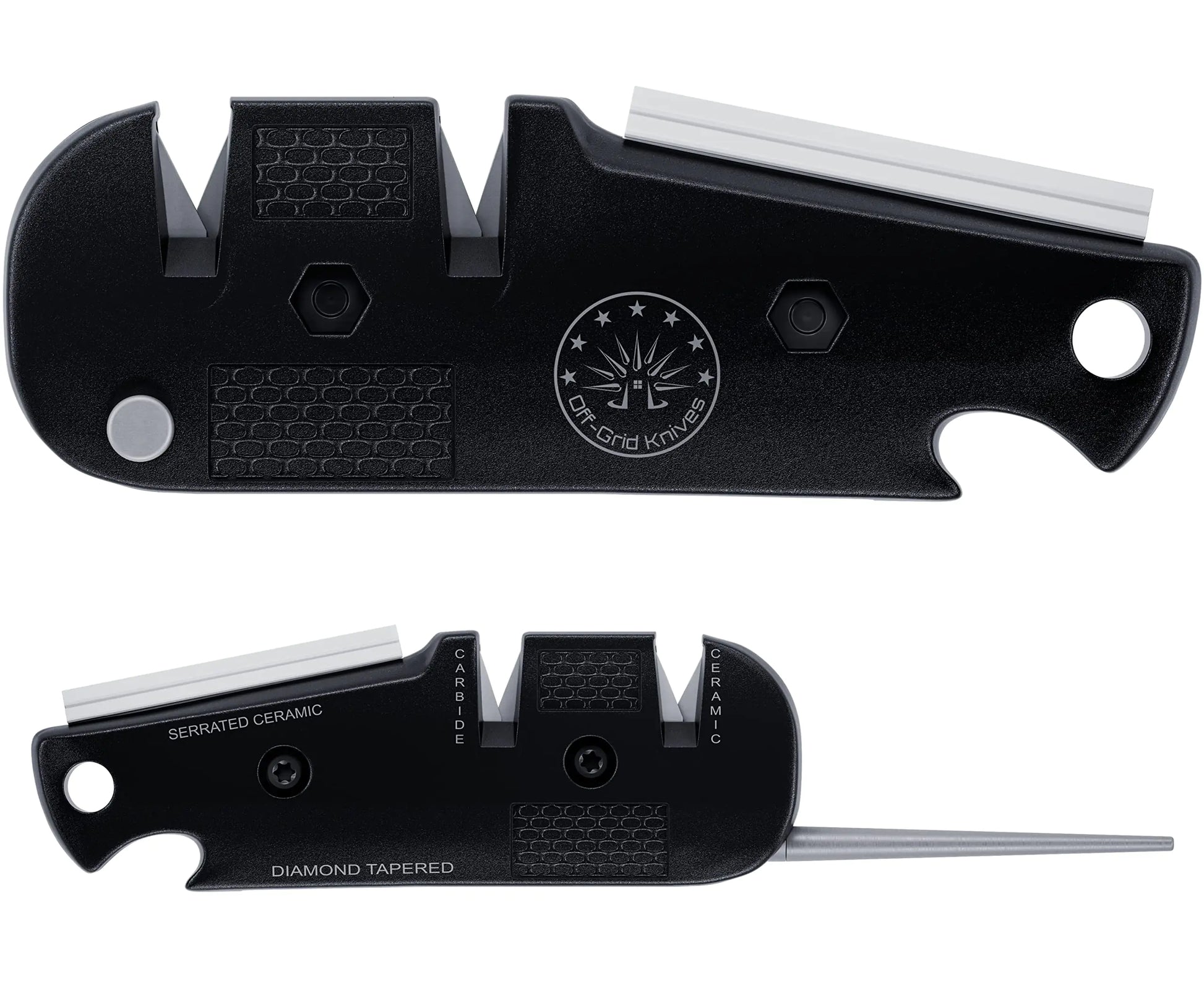 Off-Grid Knives - EDC Knife Sharpener Compact 5-In-1 Sharpening Tool for Hunting Camping Fishing Bug Out Bag Tool Box Kitchen Knives and Sharpen Fishing Hooks (Black)