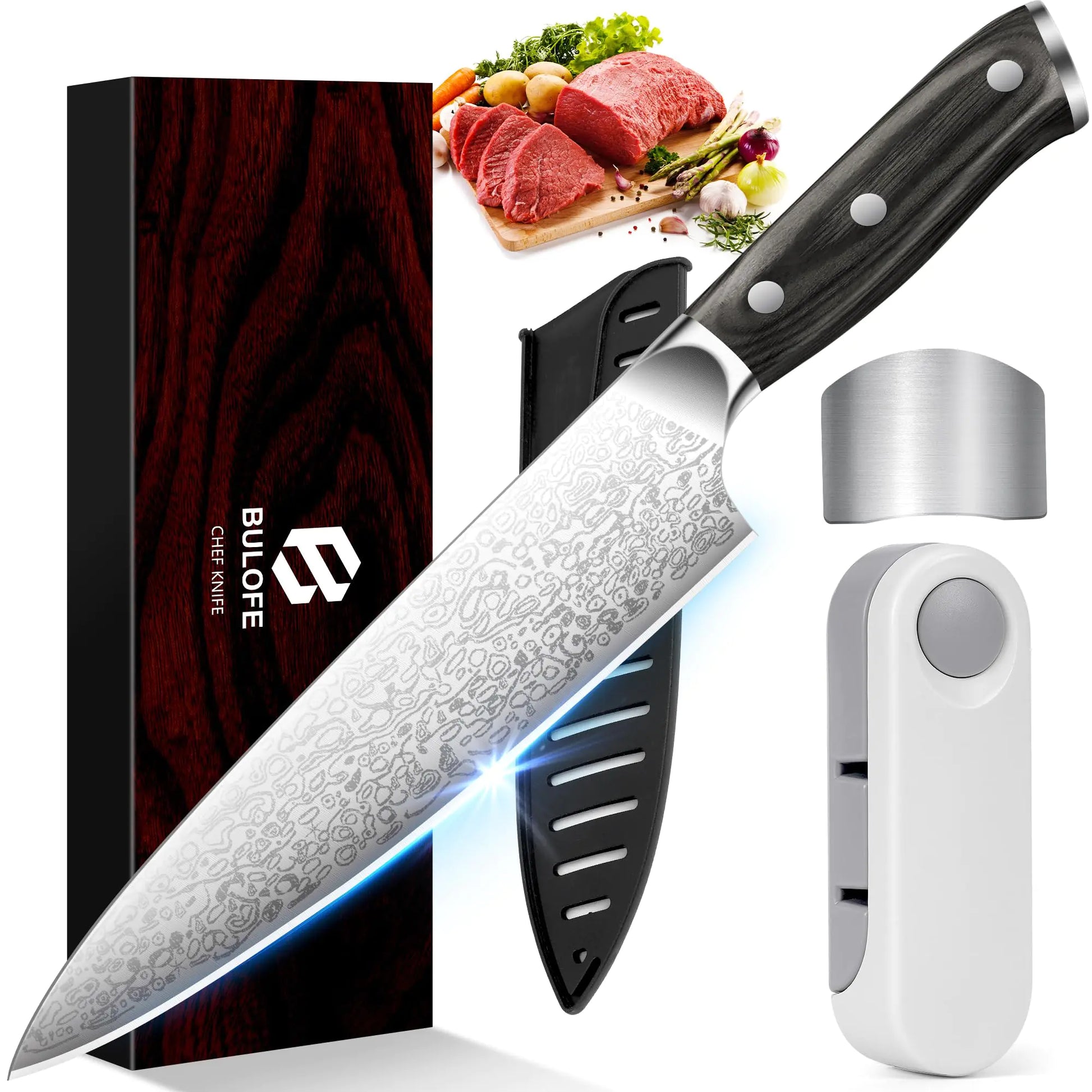 BULOFE Chef Knife 8 inch Japanese Chef Knife with Finger Guard and Knife Sharpener Professional Steel Sharp Kitchen Knife with Ergonomic Handle