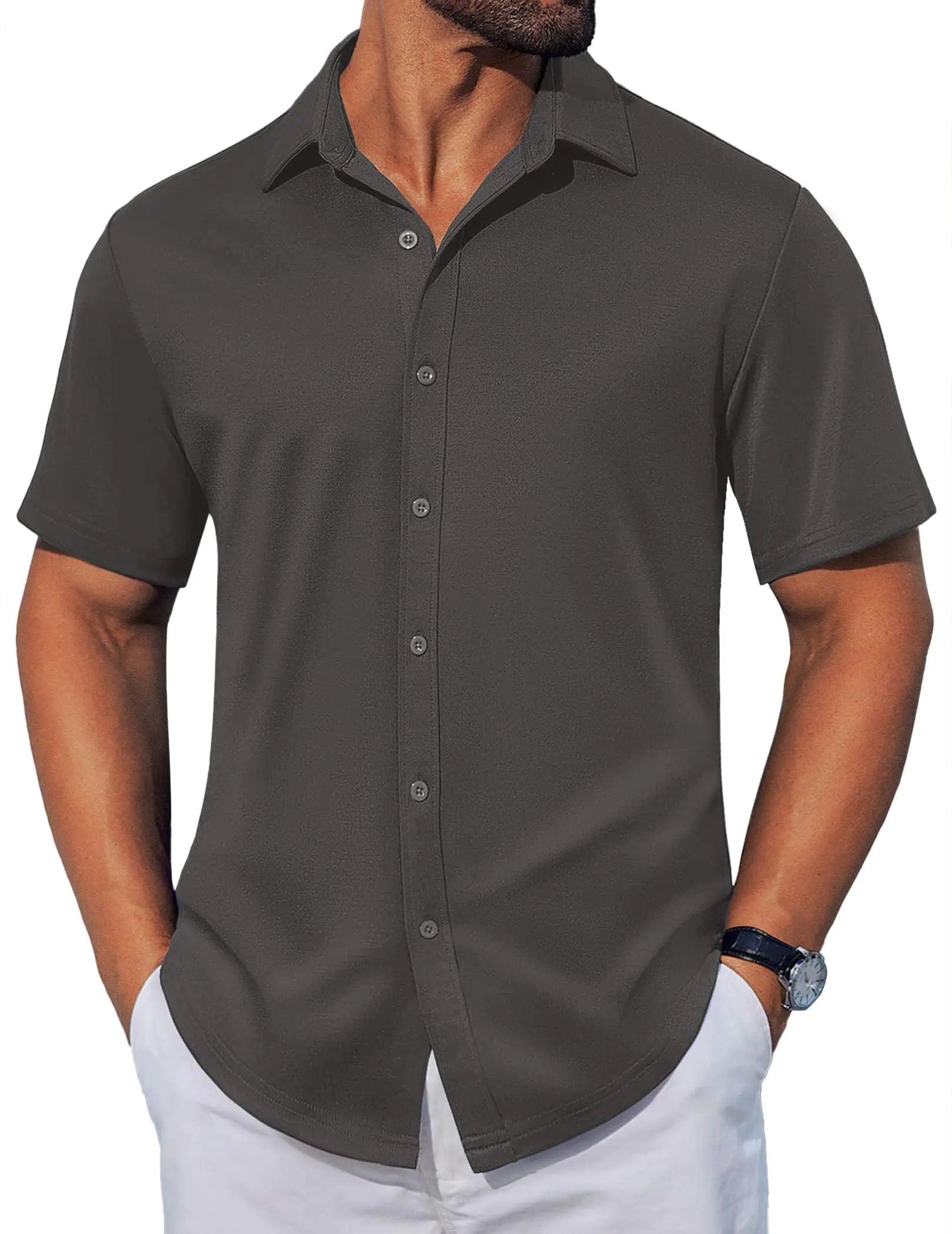 COOFANDY Mens Casual Button Down Shirts Short Sleeve Wrinkle Free Shirt Untucked Summer Stretch Dress Shirt Dark Grey