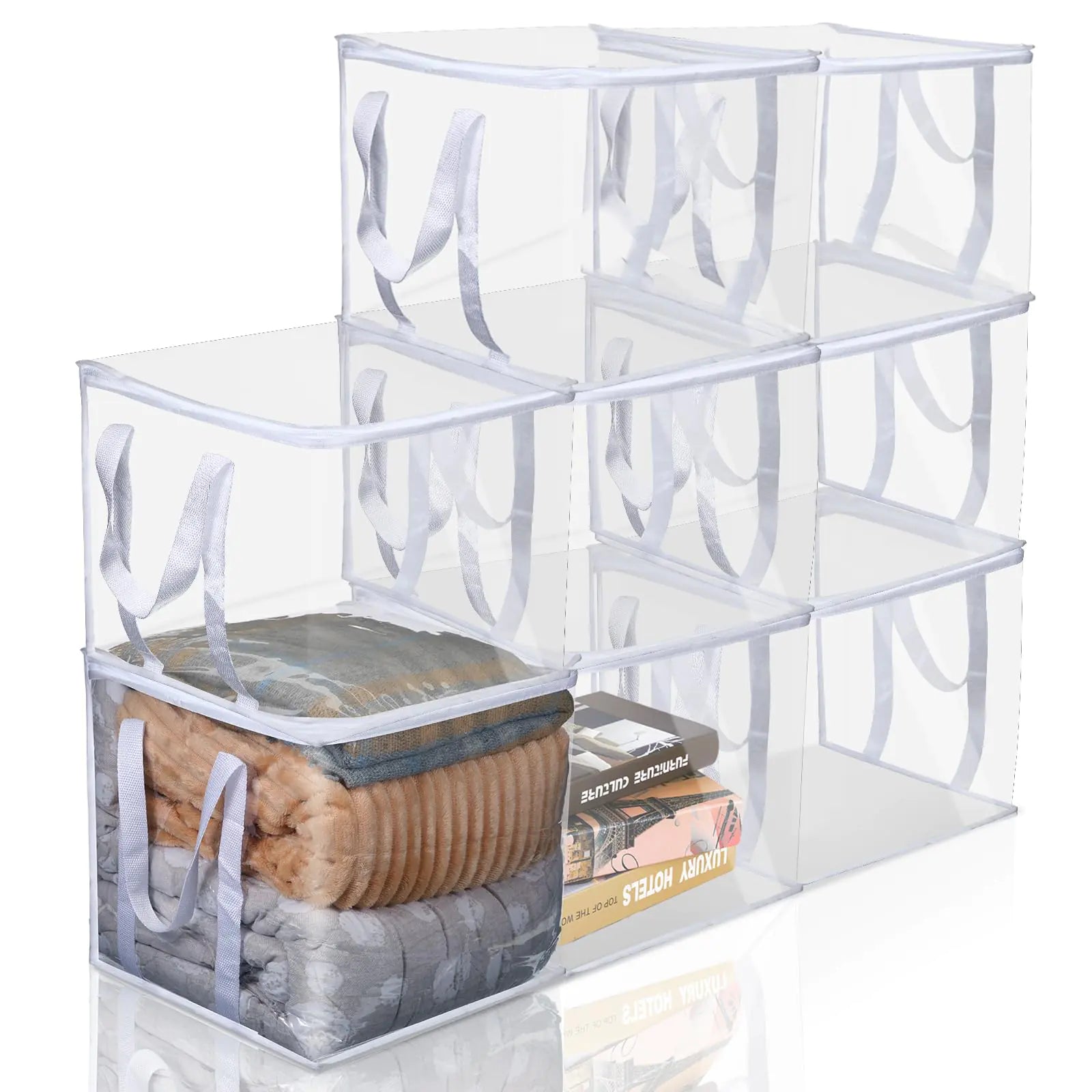 8 Pcs Clear Zippered Organizers 12x12x12 Moving Bags with Reinforced Handles Heavy Duty Storage Cube Tote Storage Blanket Bags Bins for Clothes Moving Supplies Linens Shoes Closet Organizer