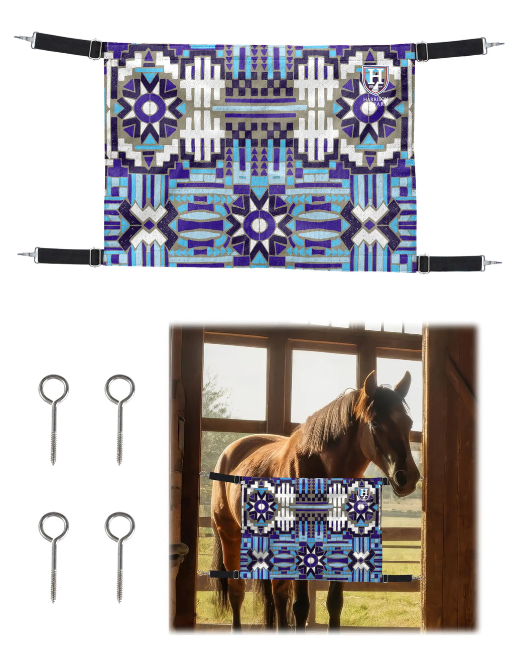 Harrison Howard Horses Stall Guard with Adjustable Straps and Sturdy Spring Hooks Included Aisle Guard for Horses Mosaic Blue