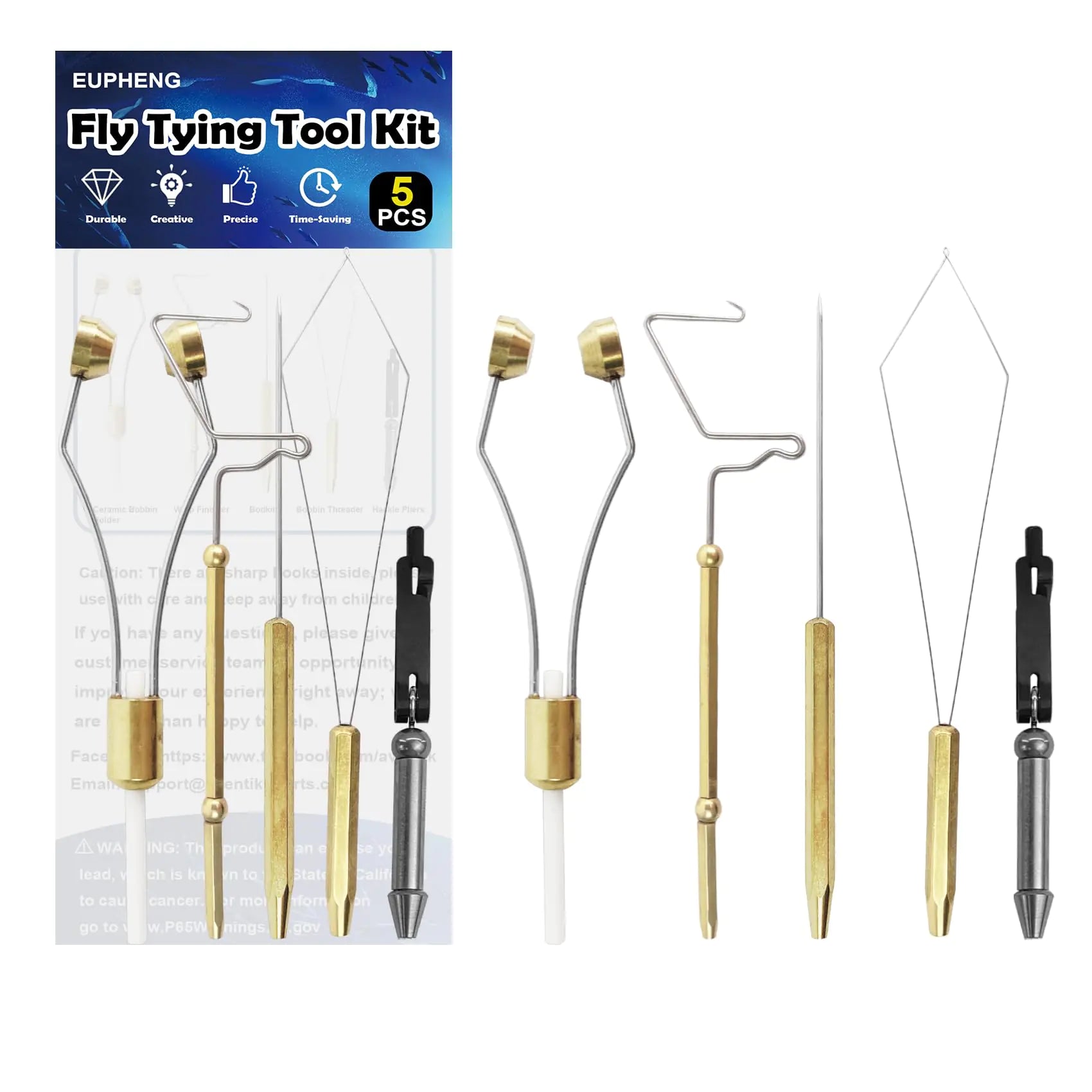 EUPHENG Fly Tying Tools Fly Tying Kit with Standard Ceramic Bobbin Holder Threader Whip Finisher Hackle Plier Bodkin Fly Fishing Lure Making Accessories (5pcs Fly Tying Tools)