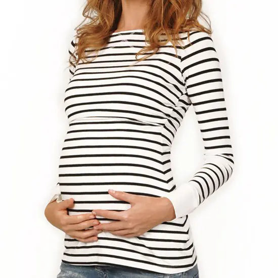 Maternity Striped Long-Sleeved Nursing Top with Ripped Design