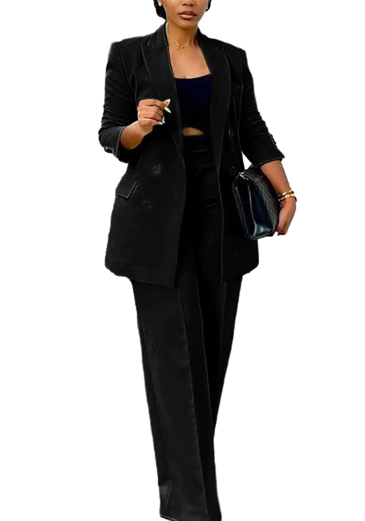 HuiSiFang Womens 2 Piece Casual Pants Suit Button Down V Neck Blazer + Loose Straight Pants