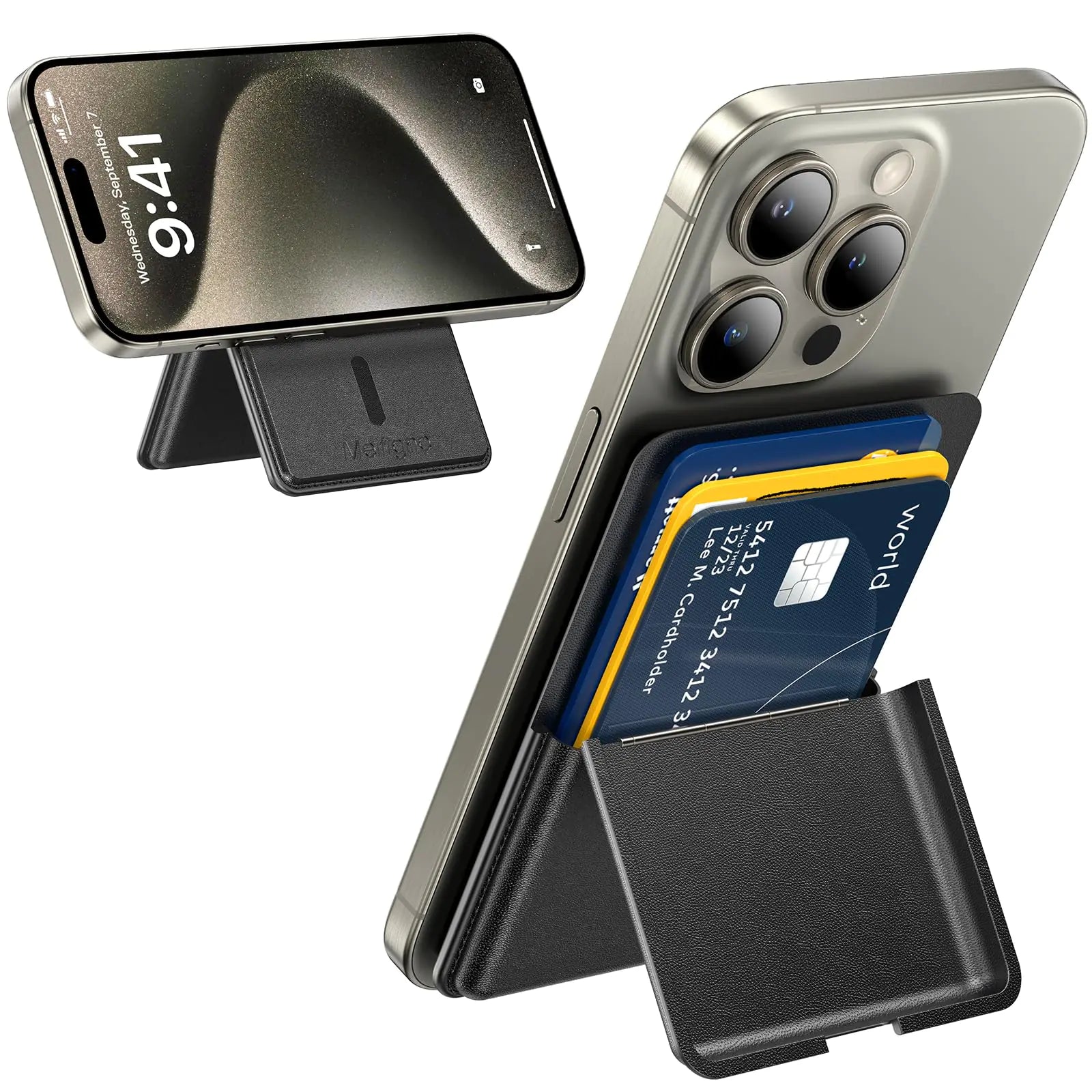 Meifigno Magnetic Wallet Card Holder with Stand Compatible with MagSafe Wallet Magnetic Leather Phone Wallet with Adjustable Stand Designed for iPhone 16/15/14/13/12 Series Fits 3 Cards Black