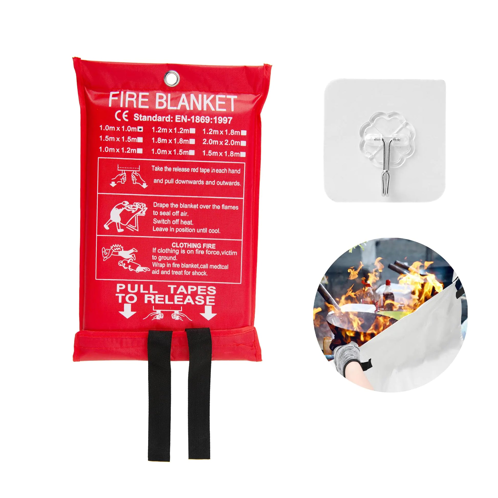 Yatikt Emergency Fire Blanket for Home，Fire Blanket for Home and Kitchen，Fire Blankets to Smother a Kitchen Fire，39.3 x 39.3 Inch with Hooks(1 Pack-red)
