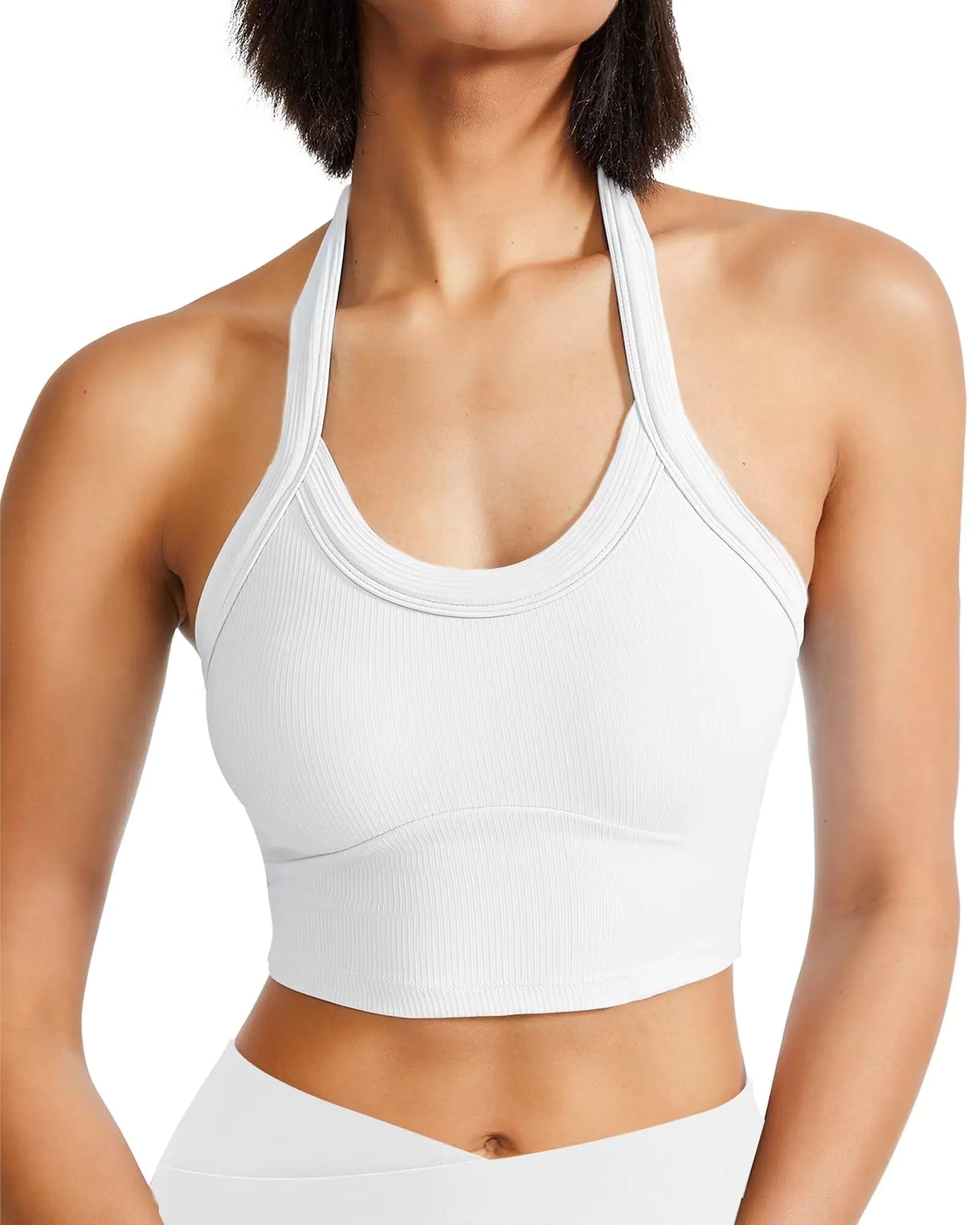 QUOJIZY Halter Sports Bra Longline Open Back Workout Top Ribbed Crop Tank Tops with Built in Bra Gym Yoga Push Up White