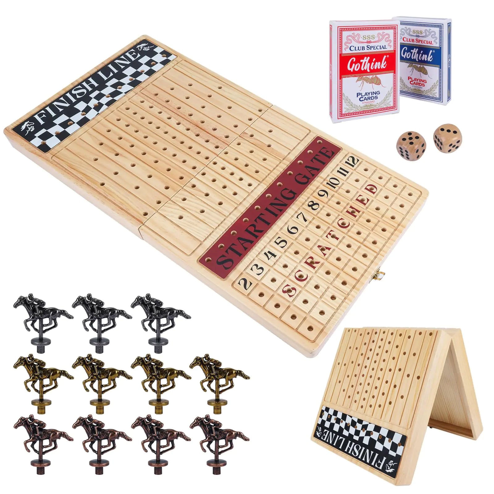 Offelec Large 23 inches Horse Race Board Game Premium Durable Foldable Wooden Box Horse Racing Game with 11 Retro Metal Horses 2 Dices and 2 Playing Cards Fun Family Night Games for Adults Kids