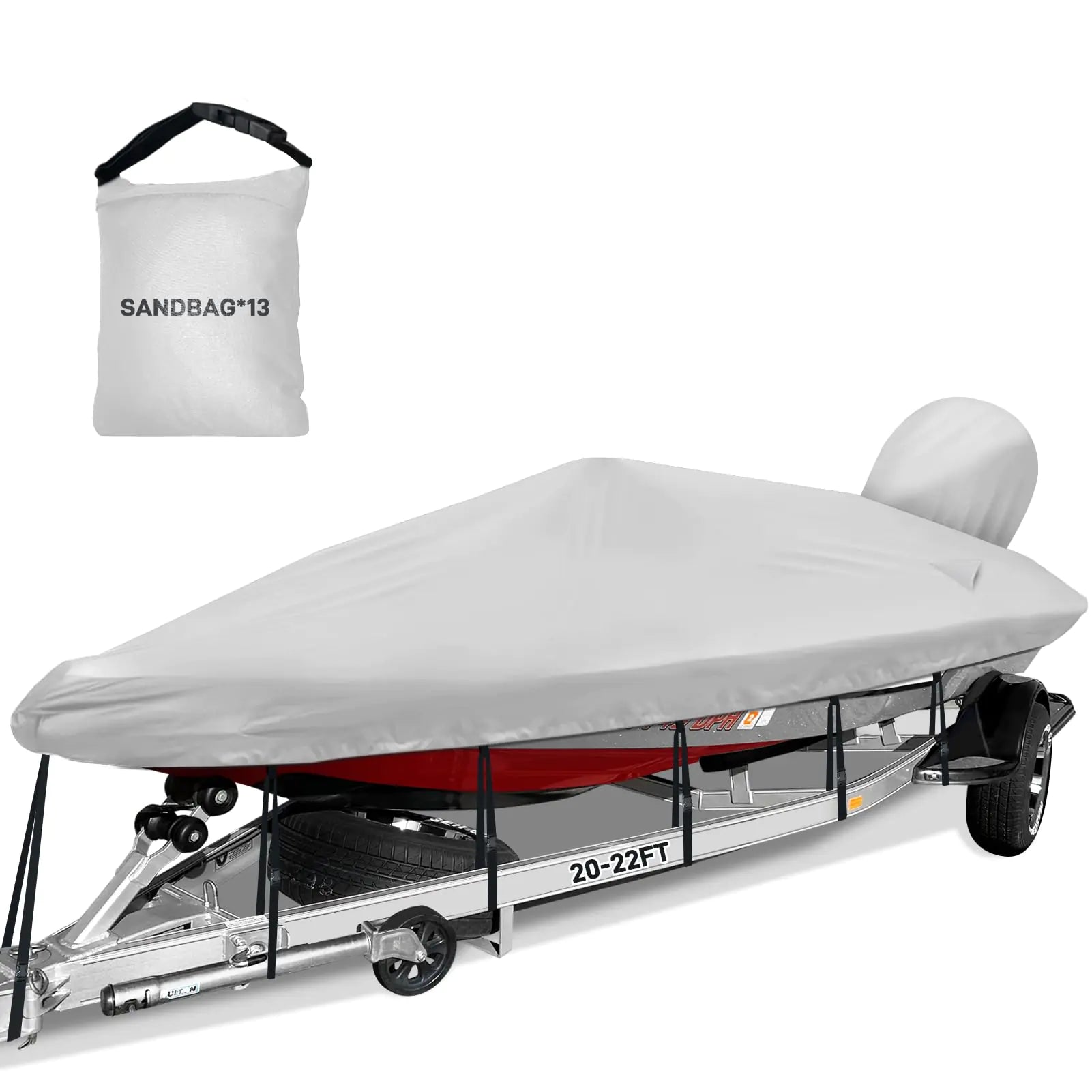 Caminor Boat Cover 20-22ft Bass Tracker Boat Cover with Sand Bag Mooring Kit 1200D Marine Canvas Waterproof Heavy Duty Boat Covers for 20 feet 21ft 22 Foot V HullBass Boat Runabout Boat Gray