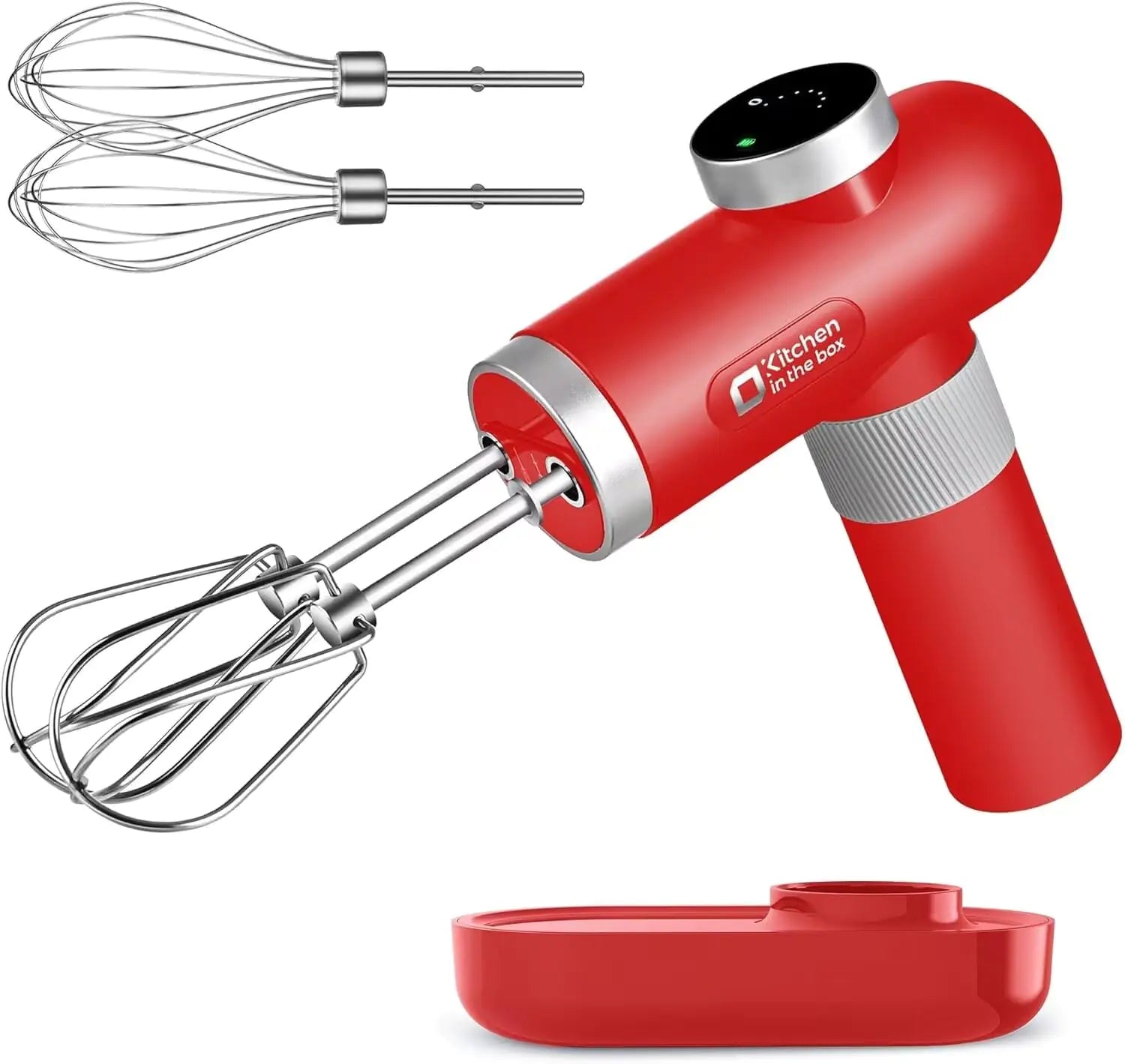 Kitchen in the box Cordless Rechargeable Handheld Mixer for Kitchen Portable Electric Kitchen Mixer with Beaters Whisks 6-Speed Digital Display Charging Base and USB-C Charge Cable (Classic Red)