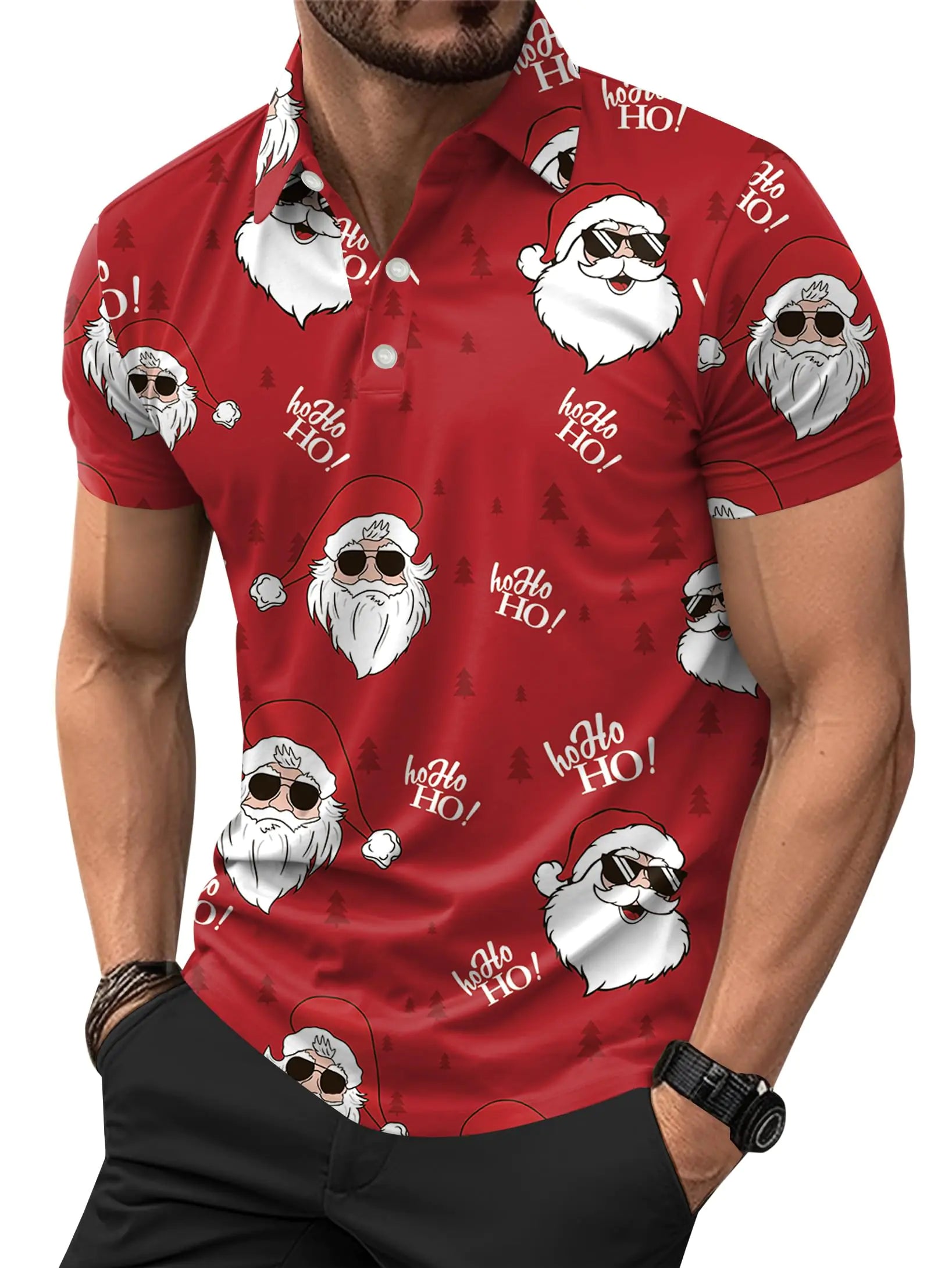 Mens Christmas Polo Shirt Funny Xmas Santa Claus Hohoho Golf Shirt Casual Red Graphic Button Golf Shirts S