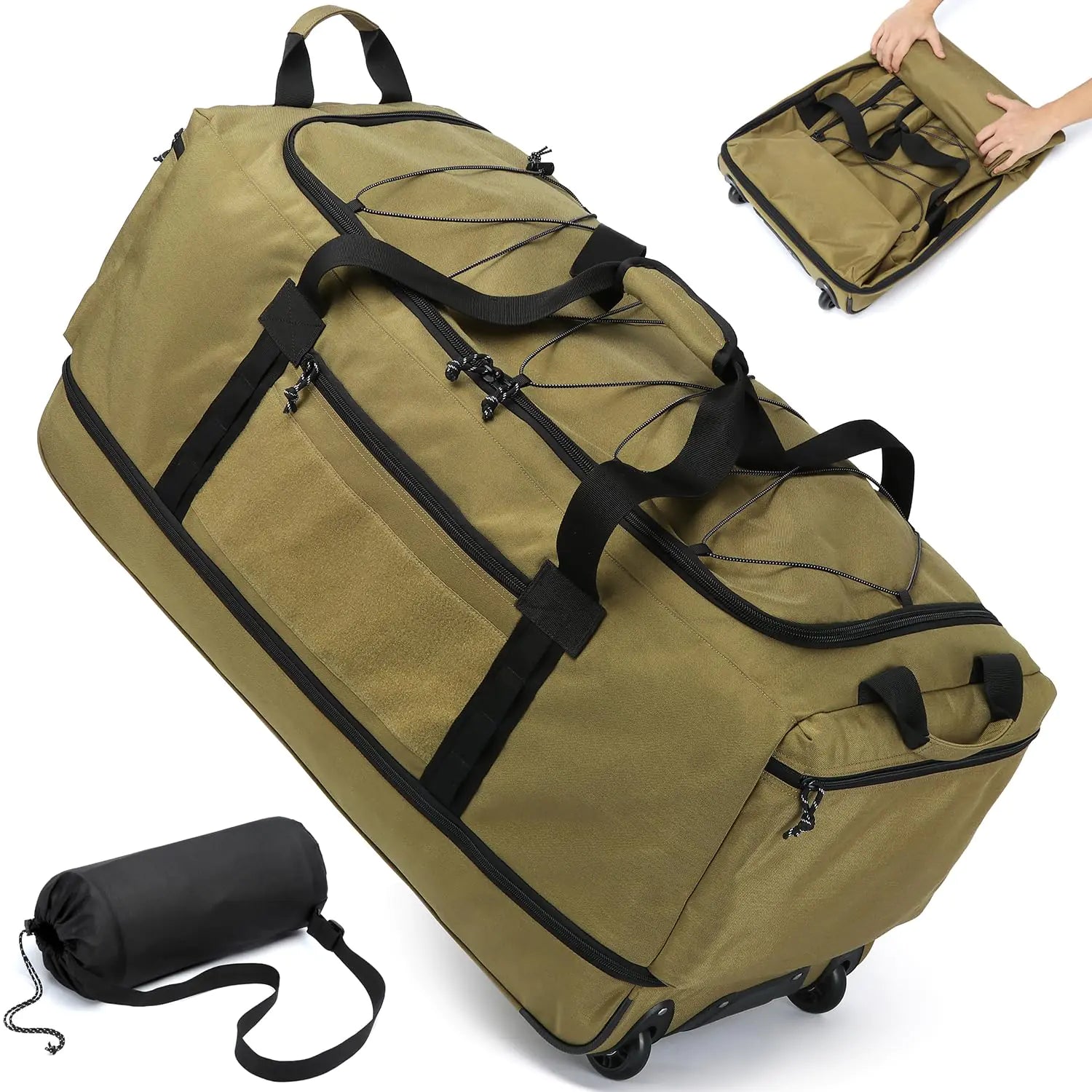 Laripwit Collapsible Duffle Bag with Wheels 130-170L Extra Large Expandable Travel Duffel Bag for Men Women Heavy Duty Military Duffle Bag for Camping Rolling Foldable Carry On Luggage Brown