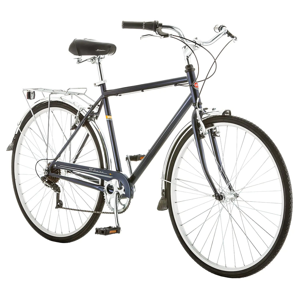 Schwinn Wayfarer Adult Hybrid Bike Mens and Womens 18-Inch/Medium Steel Step-Over Frame 7-Speed Drivetrain Rear Rack 700C Wheels Blue