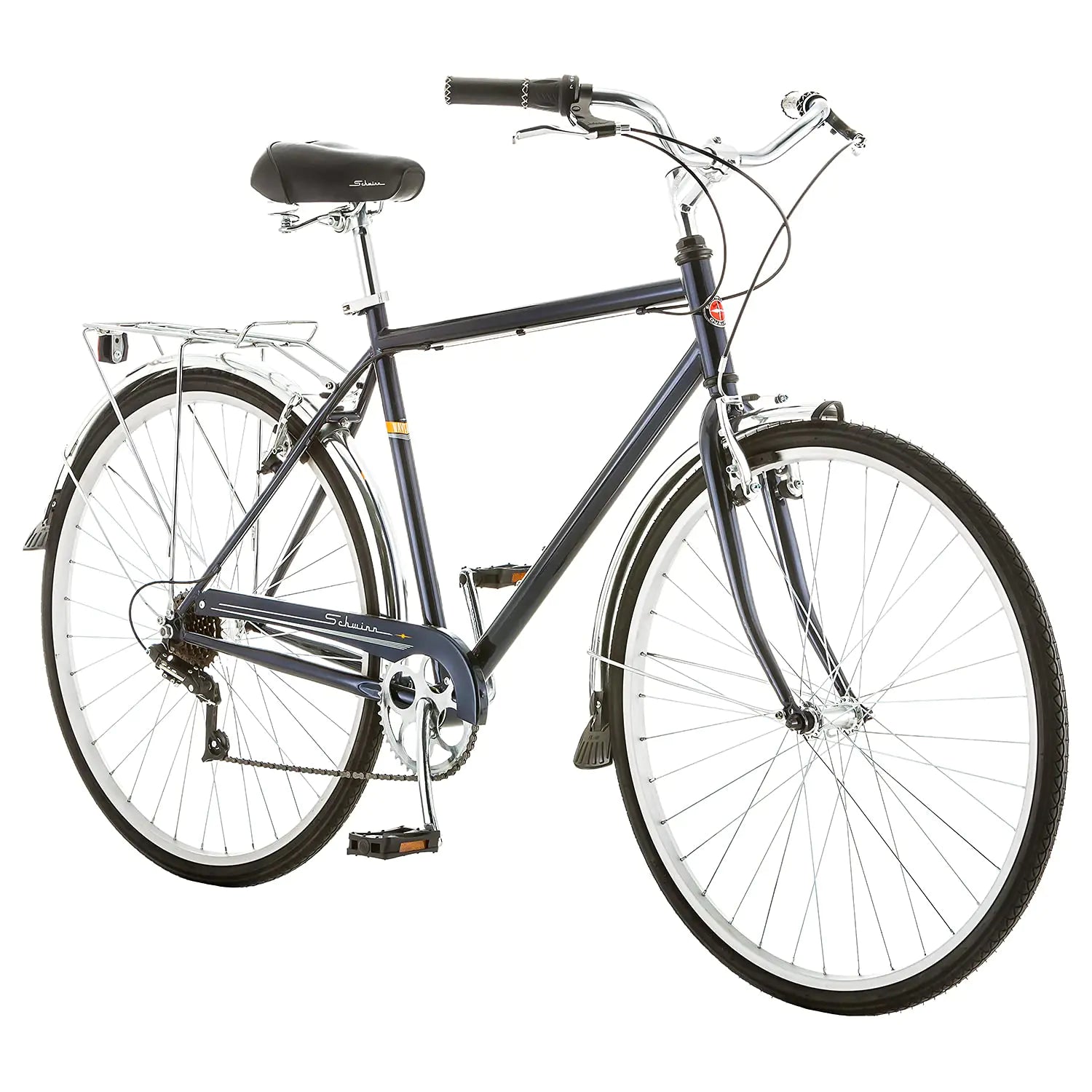 Schwinn Wayfarer Adult Hybrid Bike Mens and Womens 18-Inch/Medium Steel Step-Over Frame 7-Speed Drivetrain Rear Rack 700C Wheels Blue