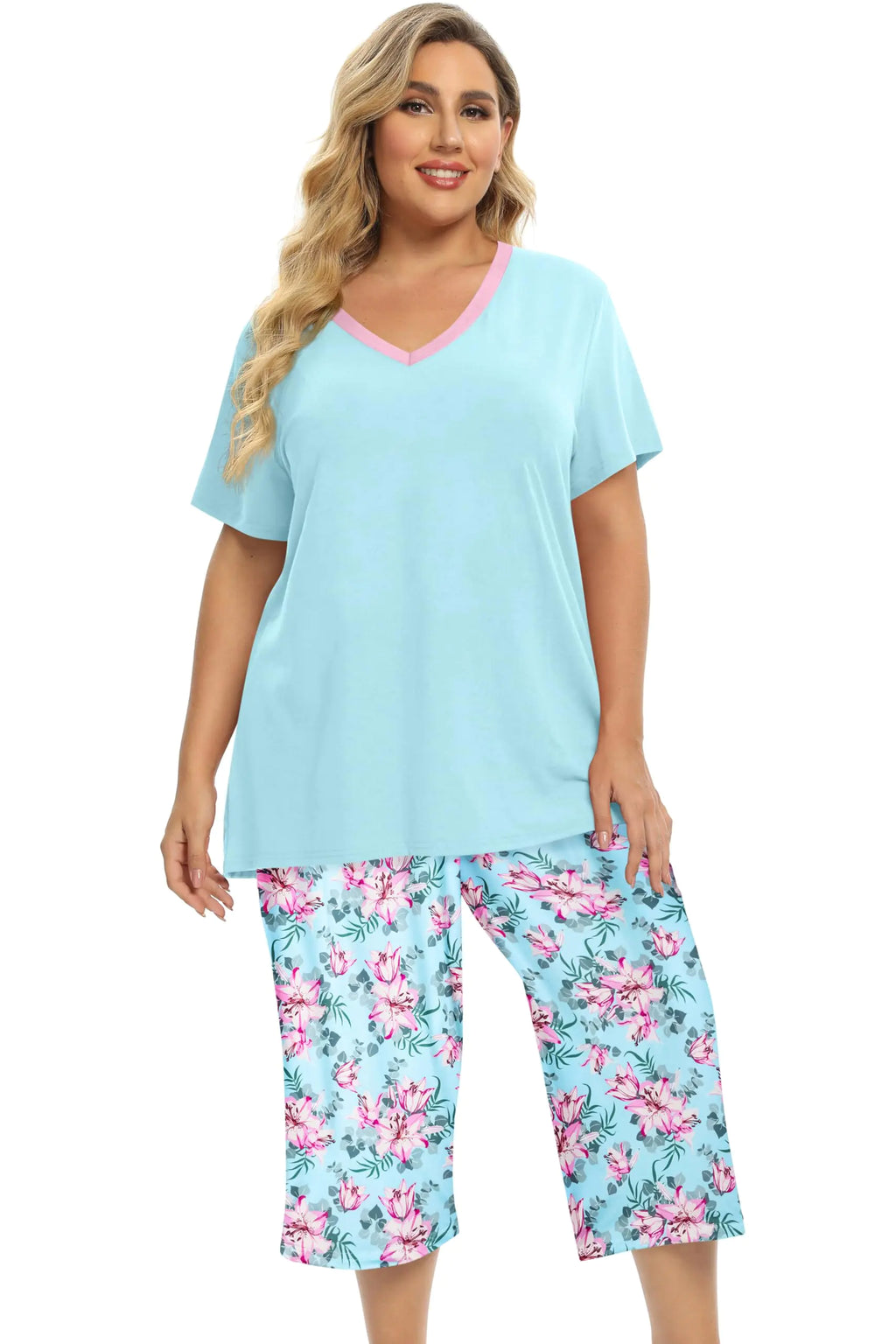 Vozanet Womens Short Sleeve Top Capri Pants Pajama Sets Lovely Floral Patterns 2PCS Nighty Lounge Sets Plus Size Mothers Pyjama Lily/Sky Blue 4X-Large
