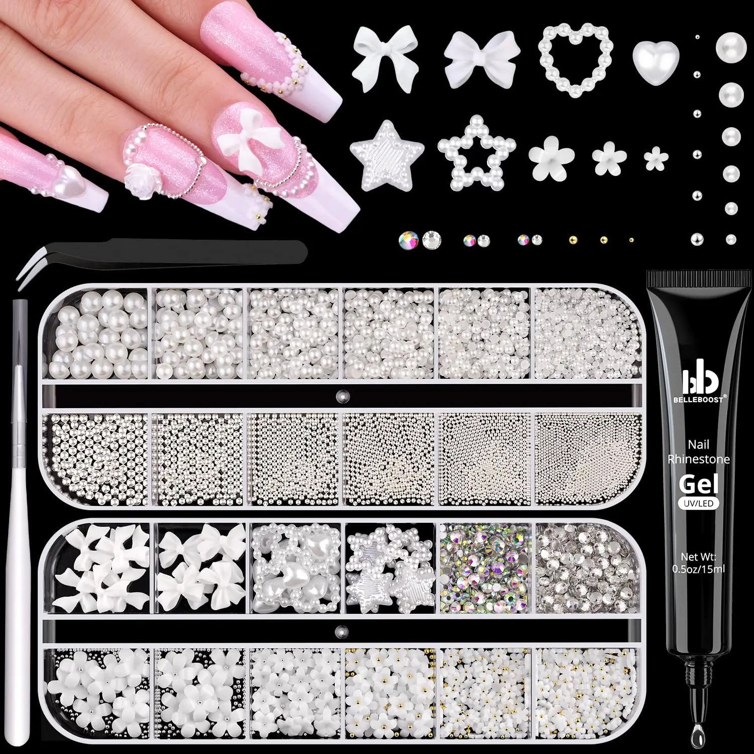 Flatback Pearls and Metal Nail Beads and 3D Flowers with Rhinestones Glue Gel for Nail Art Nail Rhinestones Round Caviar Beads Bows Heart Star Pearl Nail Charms for Acrylics Nail Tips Manicure Decor