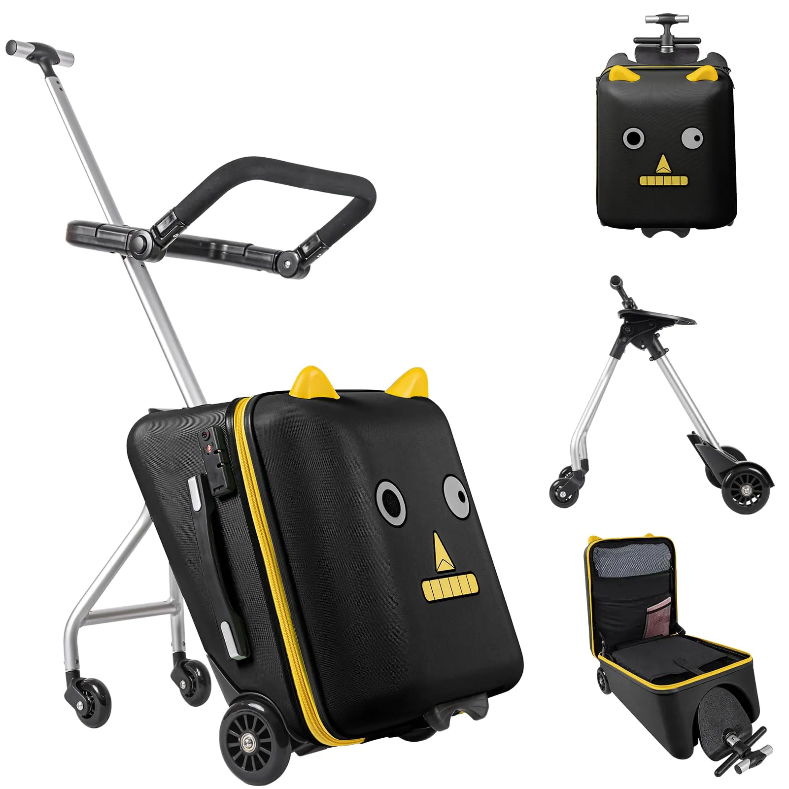 Aseasimlestore Ride on Suitcase for Kids 20 inch Hardside Kids Luggage Ride onLarge Suitcases with Child Seat Design with 4 Universal Wheels Help Your Child Travel Gift as Kids(Black)