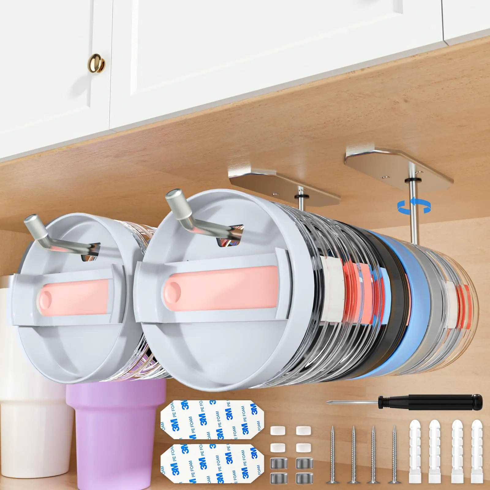 2 Pack Upgraded Tumbler Lid Organizer 8.5" Adjustable Swivel Hook for Yeti Tumbler/Stanley Tumbler/Owala Tumbler Lid Self-Adhesive or Drilling Tumbler Lid Hook for Kitchen Organizers and Storage