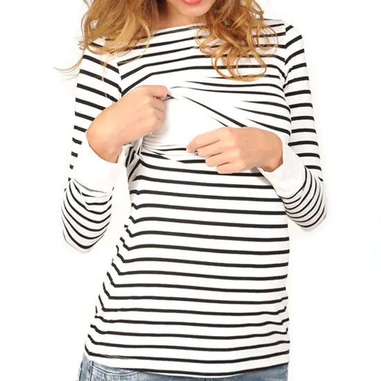 Maternity Striped Long-Sleeved Nursing Top with Ripped Design