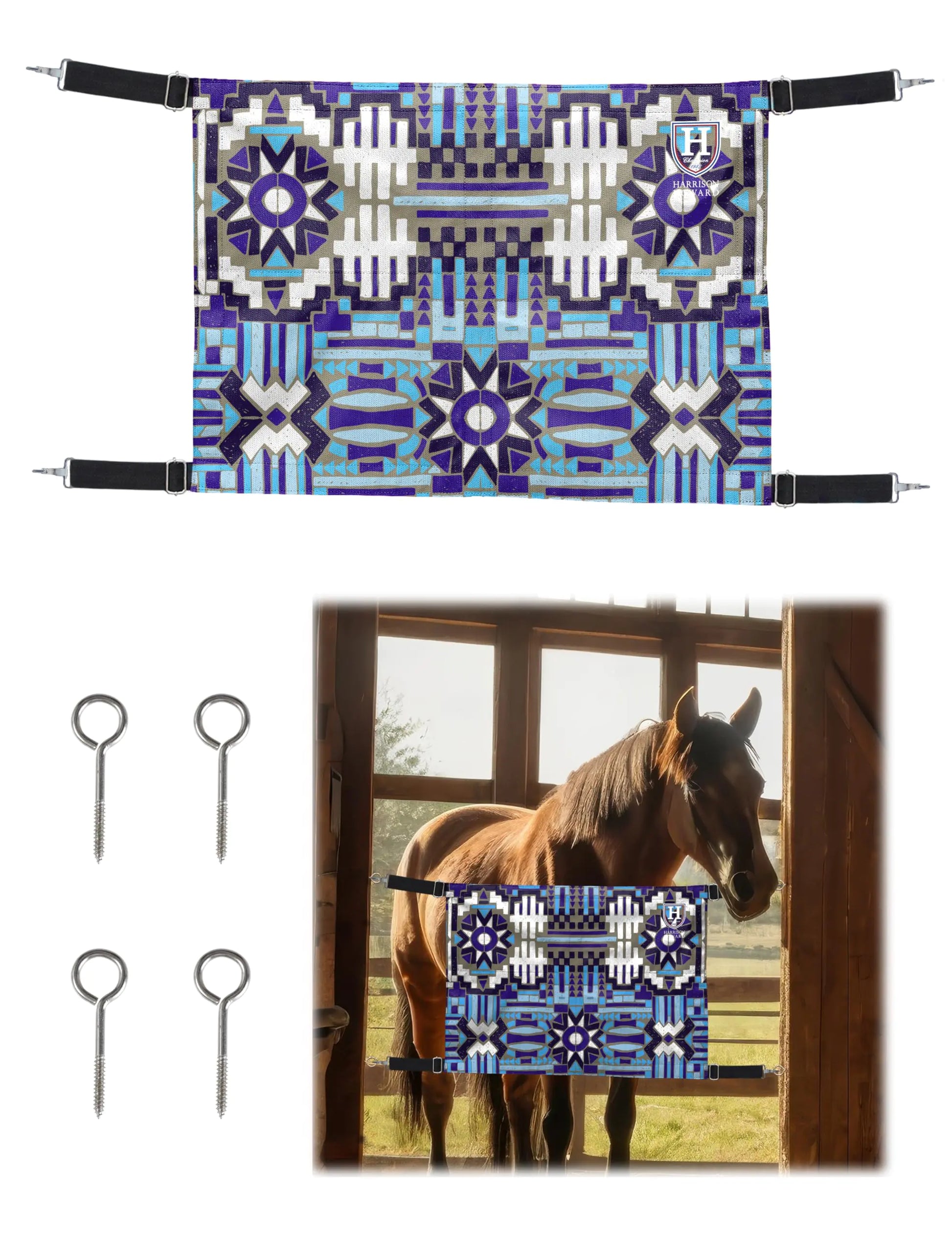 Harrison Howard Horses Stall Guard with Adjustable Straps and Sturdy Spring Hooks Included Aisle Guard for Horses Mosaic Blue