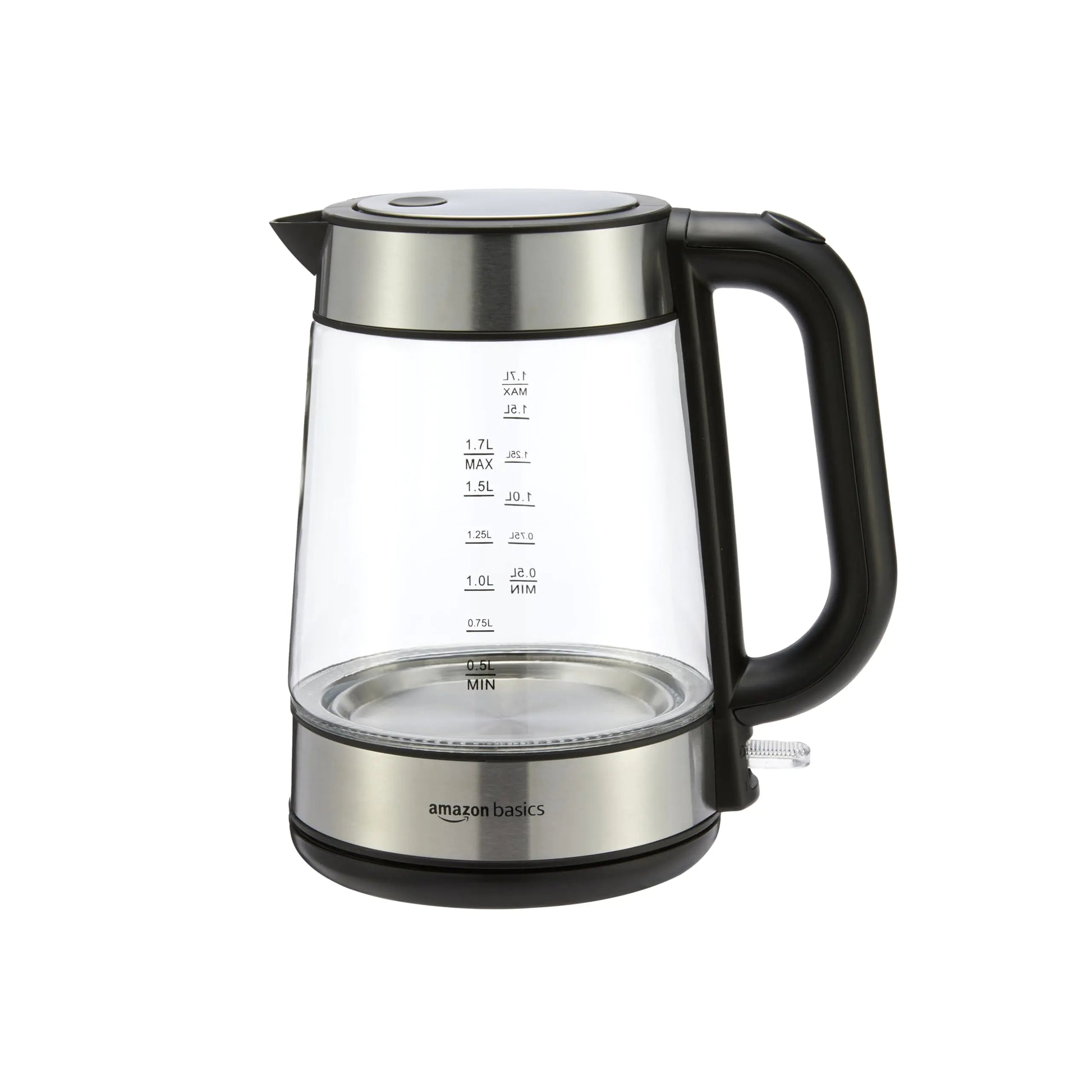 Amazon Basics Electric Kettle Tea Kettle for Hot Water Coffee & Tea With Auto Shut-Off Boil Dry Protection Strix Thermostat BPA-Free 1.8 Quarts (1.7L) 1500W Glass and Steel Black & Silver