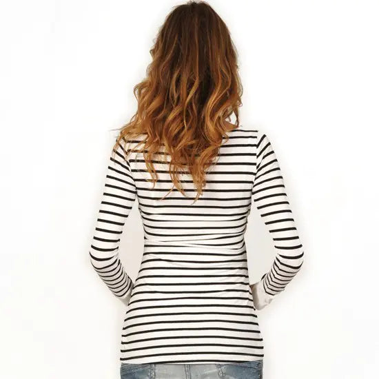 Maternity Striped Long-Sleeved Nursing Top with Ripped Design