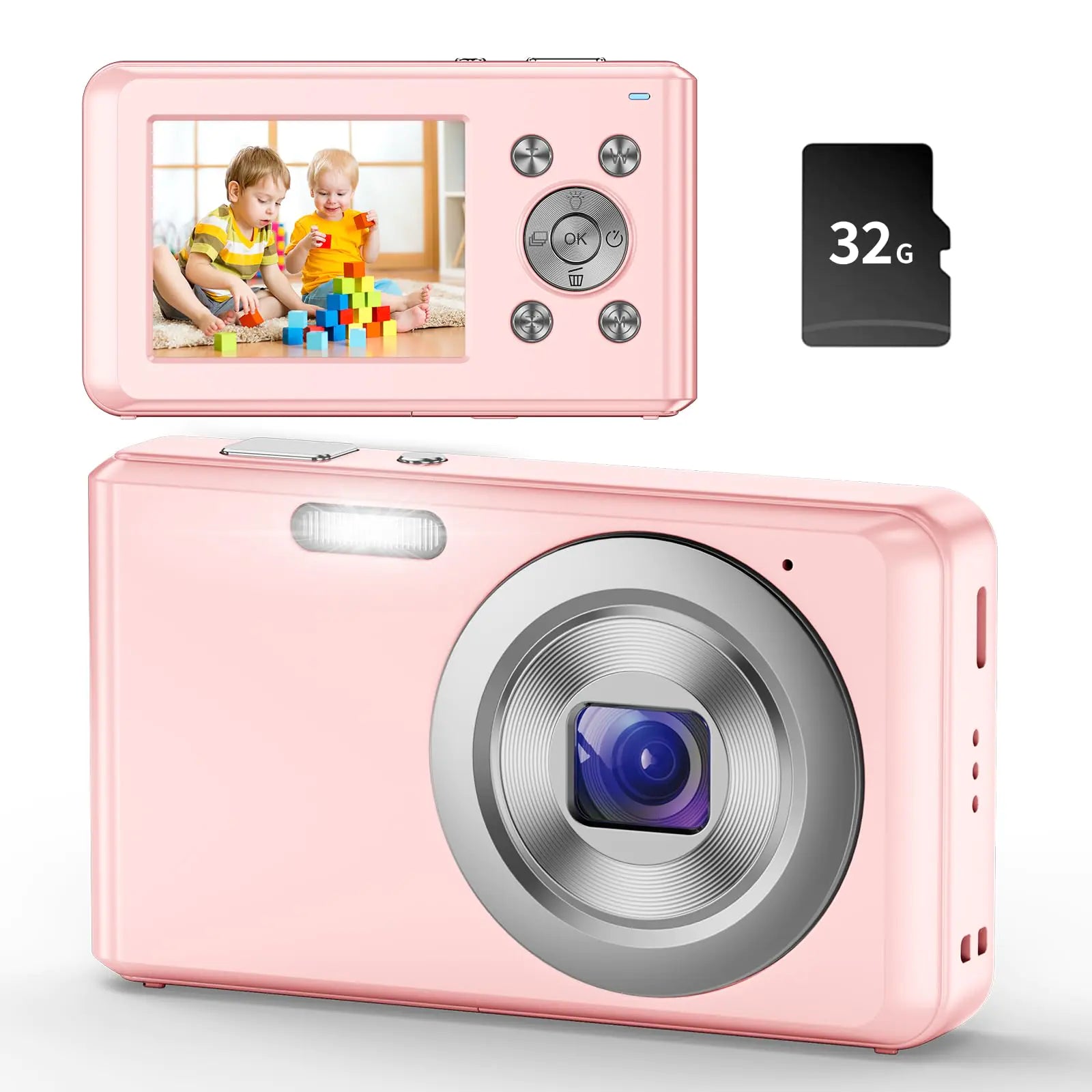 Digital Camera HD 1080P Compact Camera with 32GB Memory Card 48 Megapixel Camera 2.4-inch LCD 16x Digital Zoom Digital Camera for Kids Girls Teens Boys and Beginners（Pink