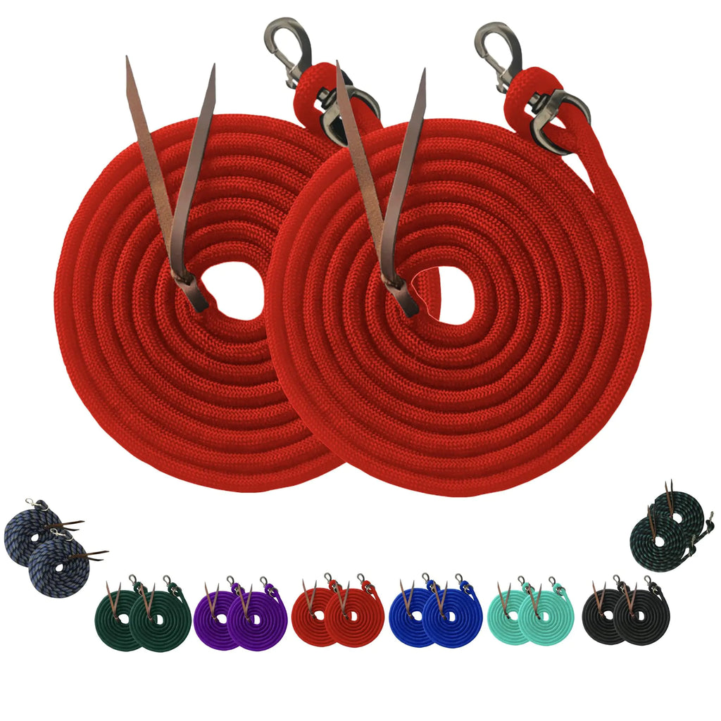 Majestic Ally 14 Pack of 2 Poly Training Lead Rope with Leather Popper for Horses & Livestock – 14 Foot Long and 5/8 inch Thick - Replaceable Heavy-Duty Bolt Snap (Red)