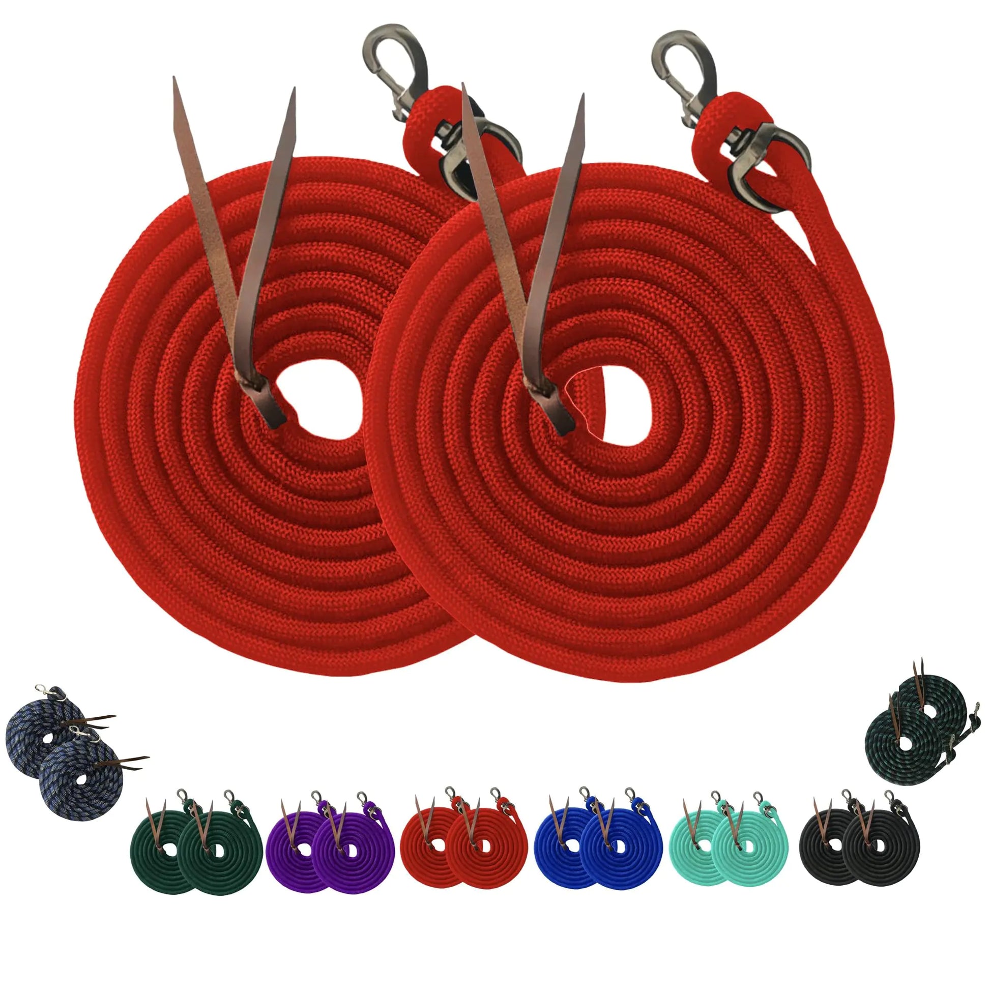 Majestic Ally 14 Pack of 2 Poly Training Lead Rope with Leather Popper for Horses & Livestock – 14 Foot Long and 5/8 inch Thick - Replaceable Heavy-Duty Bolt Snap (Red)
