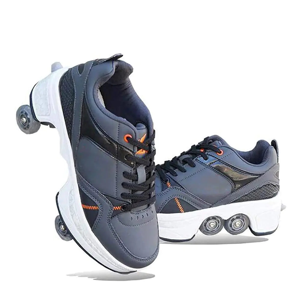 Double-Row Deform Wheel Automatic Walking Shoes Invisible Deformation Roller Skate 2 in 1 Removable Pulley Skates Skating Parkour (Light Black US 3.5)