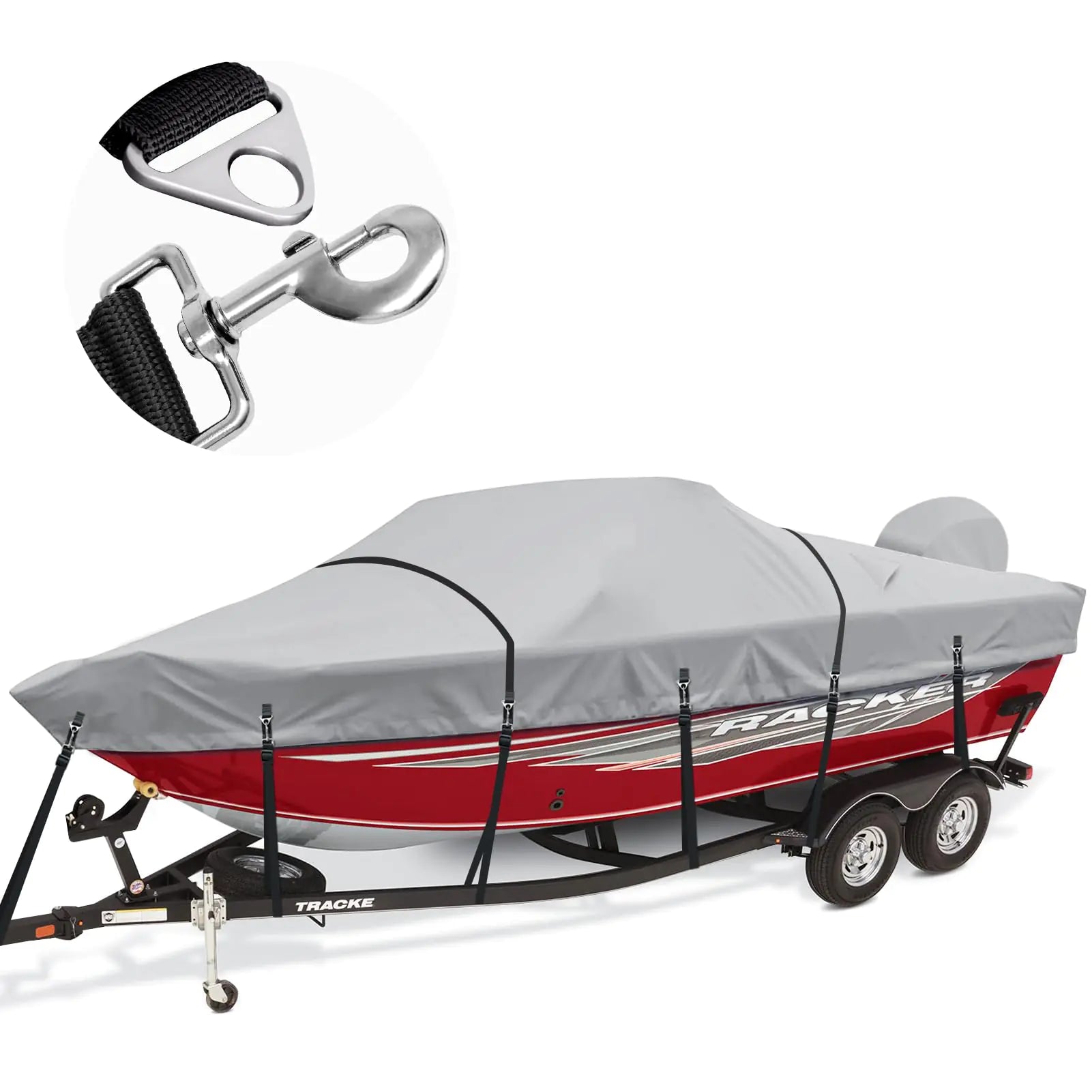 Cerumute Boat Cover Heavy Duty 1200D Waterproof Boat Covers 16-18.5ft with Motor Cover and Windproof Adjustable Metal Buckle Fits Bass Boat V-Hull Tri-Hull Fishing Boat Runabout Boat Gray