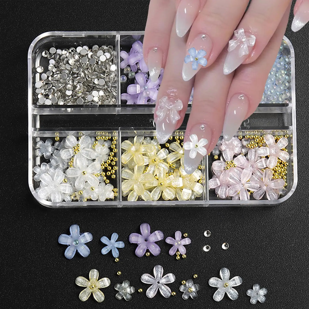6 Grids 3D Colorful Flowers Nail Charms for Acrylic Nails Spring Summer Small Flower Nail Art Charms with Metal Gold Beads Pearls Rhinestones Resin Nail Jewelry for Nail Art DIY Manicure Accessories