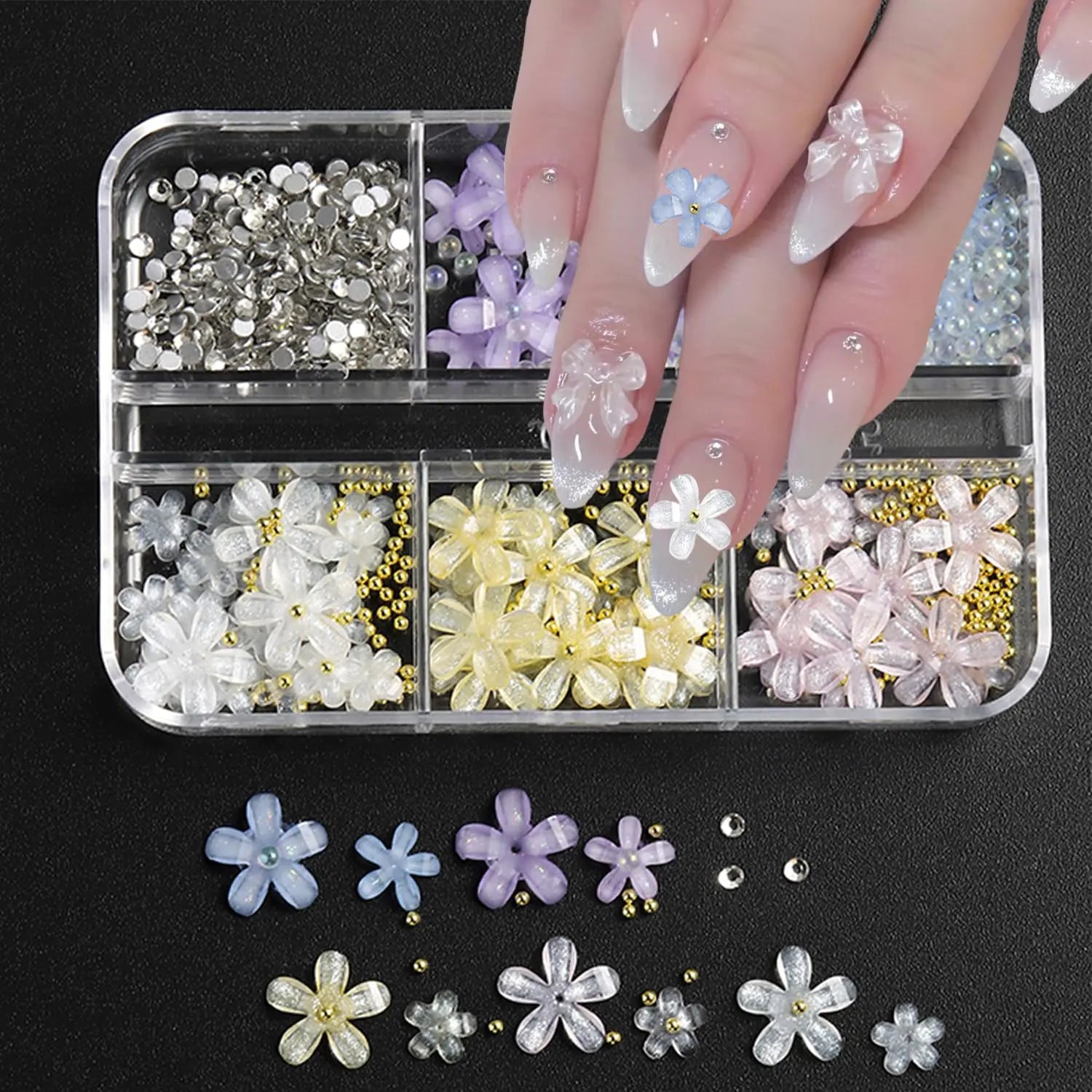 6 Grids 3D Colorful Flowers Nail Charms for Acrylic Nails Spring Summer Small Flower Nail Art Charms with Metal Gold Beads Pearls Rhinestones Resin Nail Jewelry for Nail Art DIY Manicure Accessories