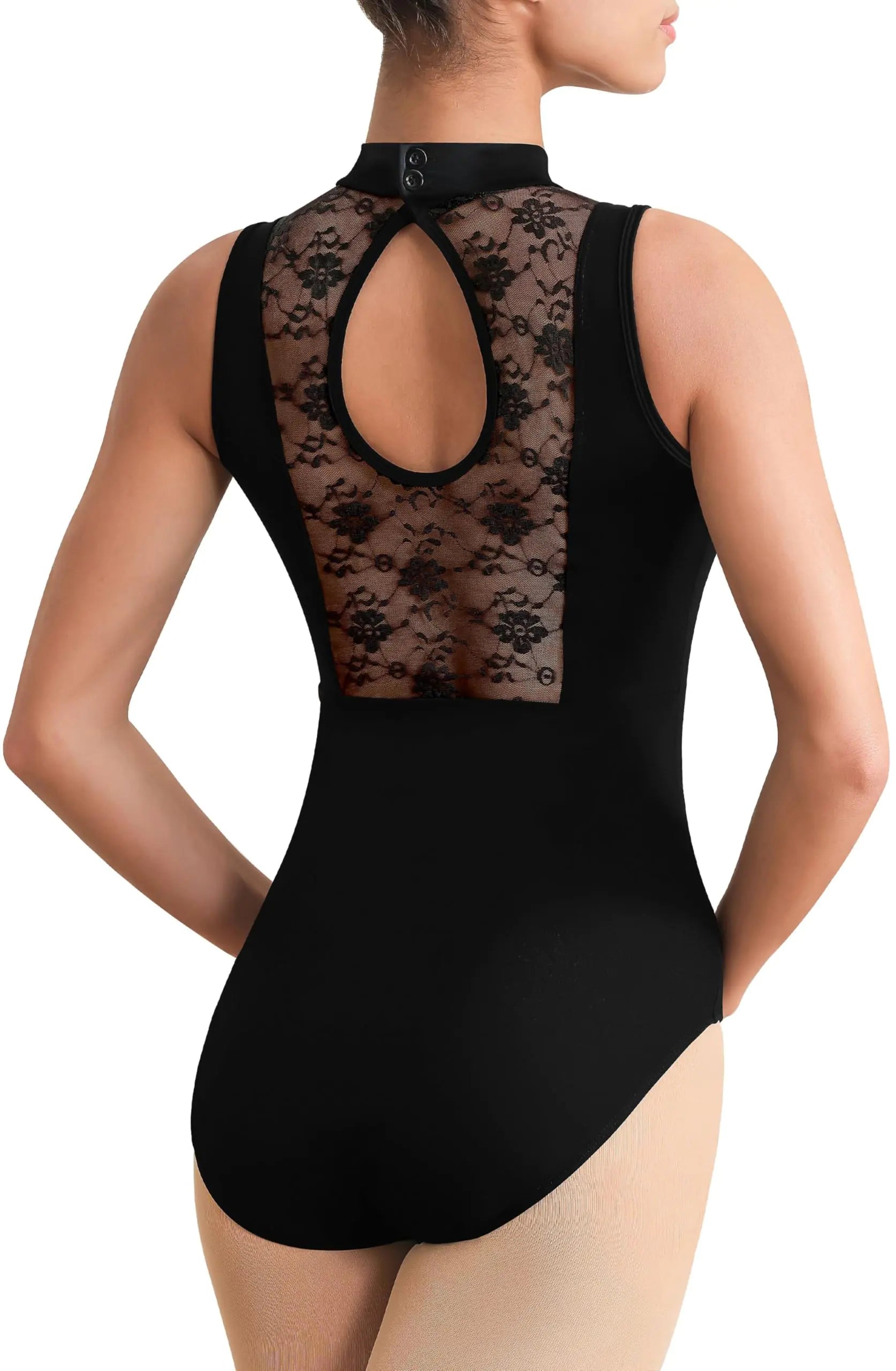 Hanebel Women Turtleneck Ballet Dance Leotard Adult Black Tank Gymnastic Dancewear Chest Padding Lace Hollow Back(23640-06-S)