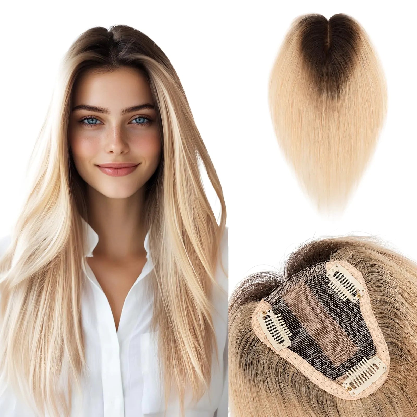 Benehair Hair Toppers for Women Real Human Hair 100% Remy Human Hair Pieces for Women with Thinning Hair 8 * 10cm Lace Silk Base 12 Inch 35g Clip in Hair Extension Ombre Light Blonde