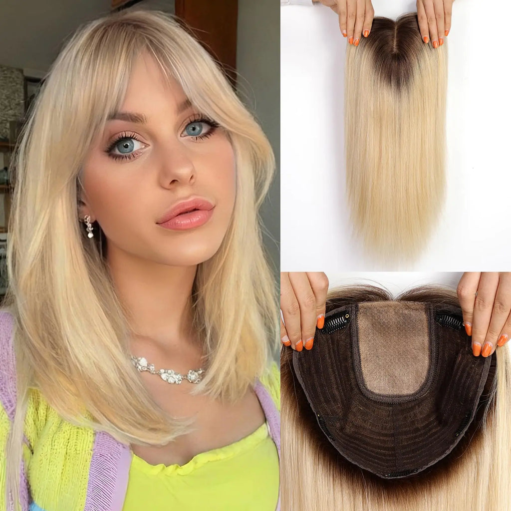starluck 16 inch Hair Toppers for Women 9"*9" Large Base Ombre Light Blonde Real Human Hair Topper with Bangs Hair Toppers for Women with Thinning Hair Cover Grey Hair Roots Add Volume