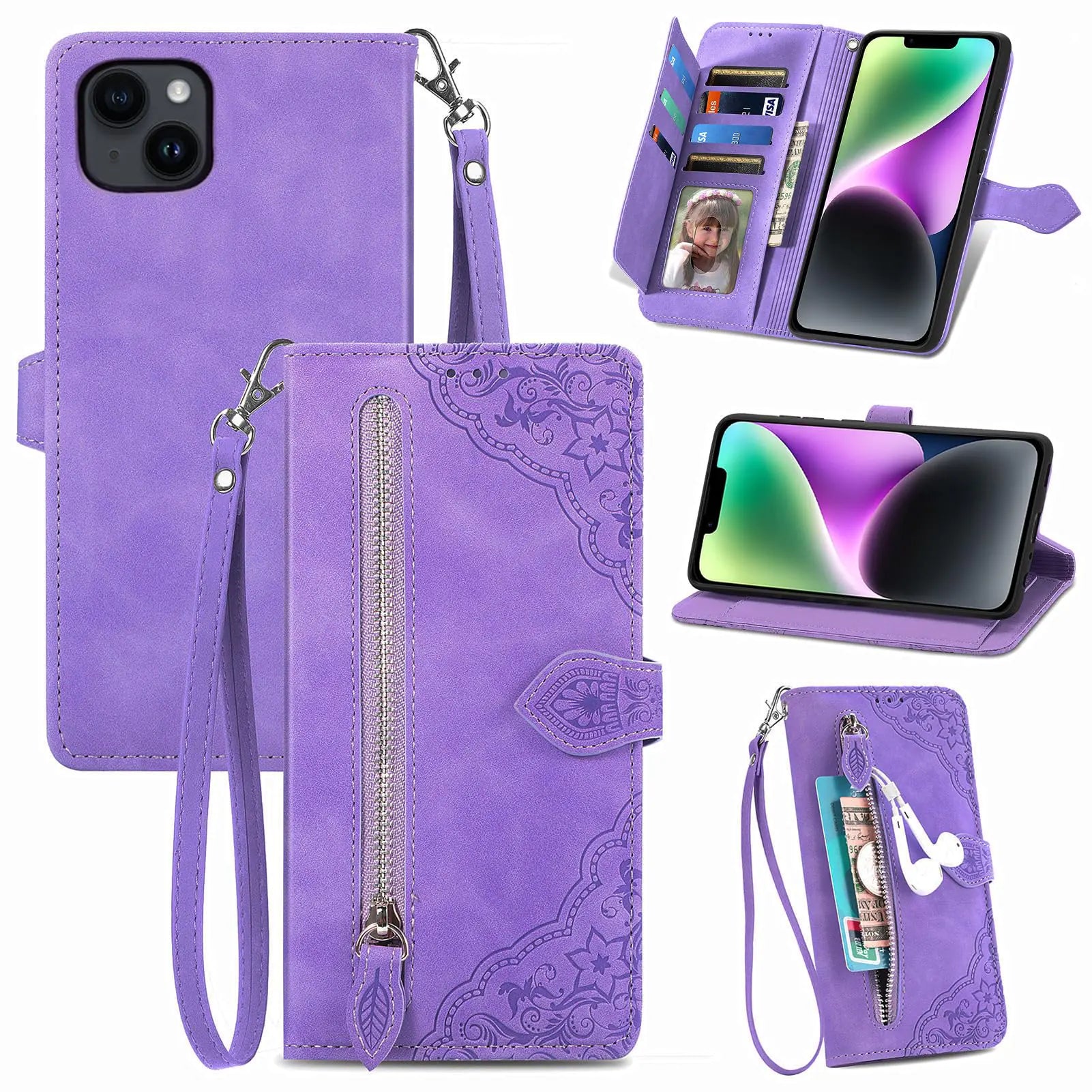 Furiet Compatible with iPhone 13 Mini 5.4 inch Wallet Case and Wrist Strap Lanyard Leather Flip Card Holder Stand Cell Phone Cover for iPhone13mini i-Phone 13minicase i iPhone13 13mini Women Purple