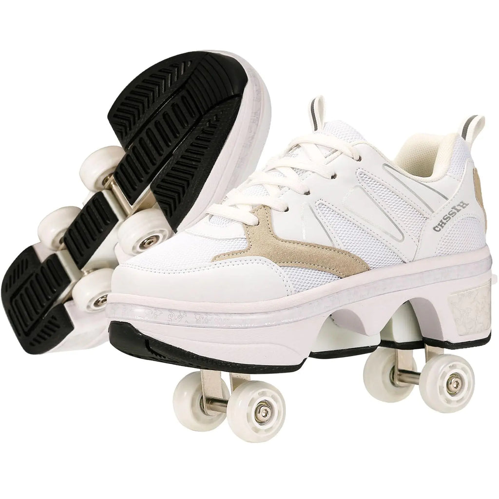 Shoes with Wheels – Roller Skate Shoes for Girls Kids Women Men & Adults | Retractable High Roller Skating Shoes That Pop Out Into Sneaker Skates - White 9.5